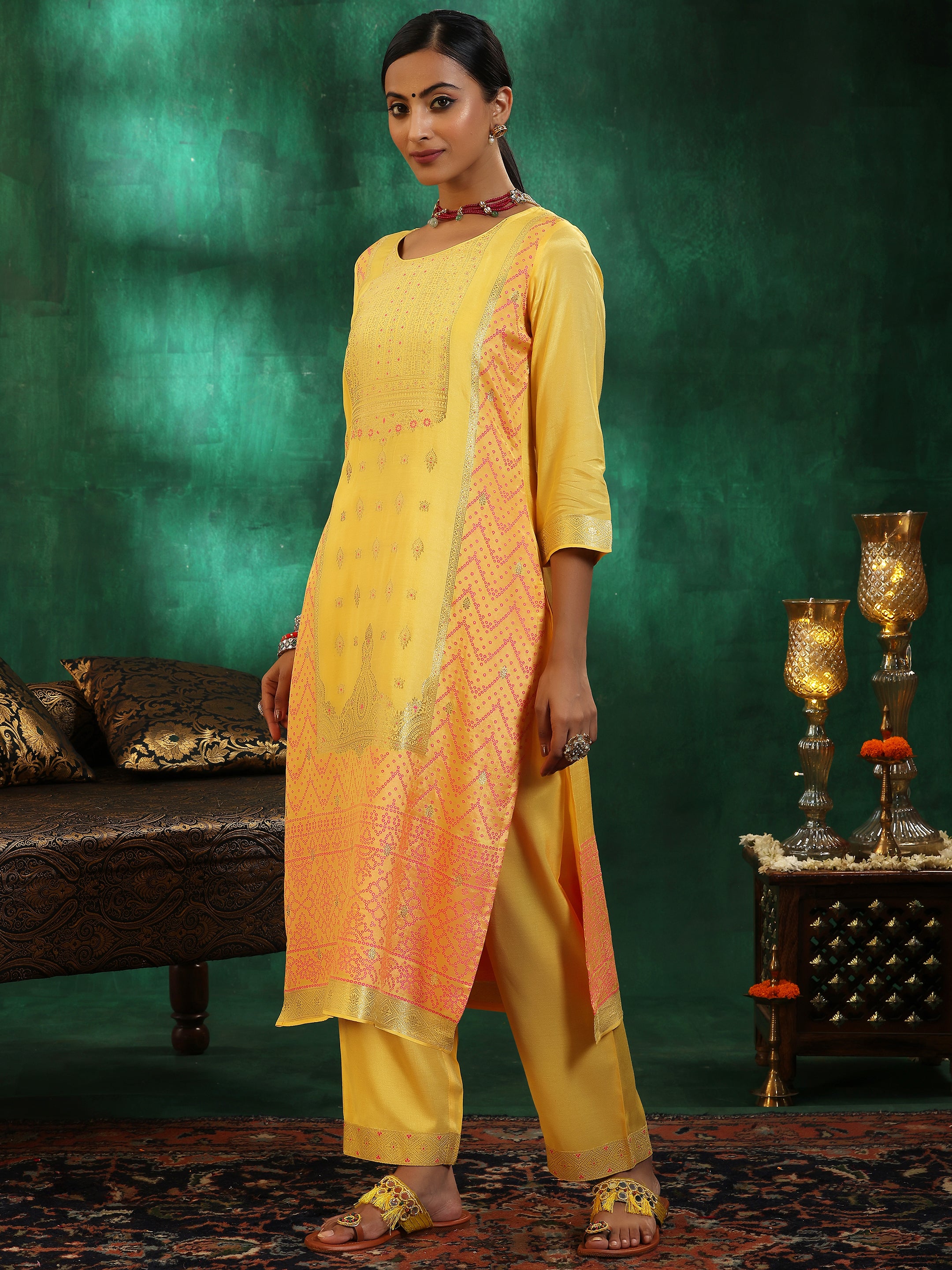 Yellow Embroidered Silk Blend Straight Suit With Dupatta