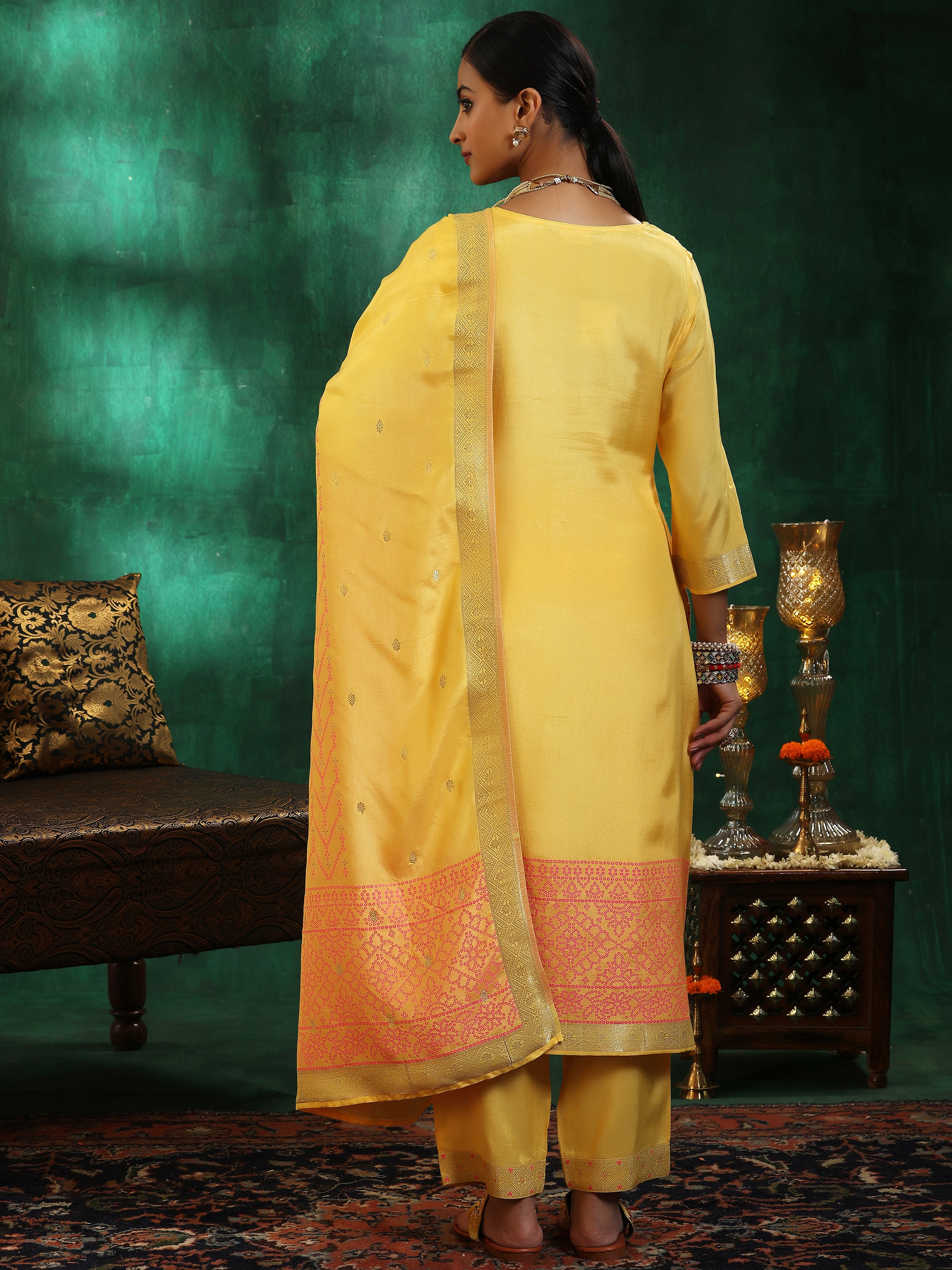 Yellow Embroidered Silk Blend Straight Suit With Dupatta