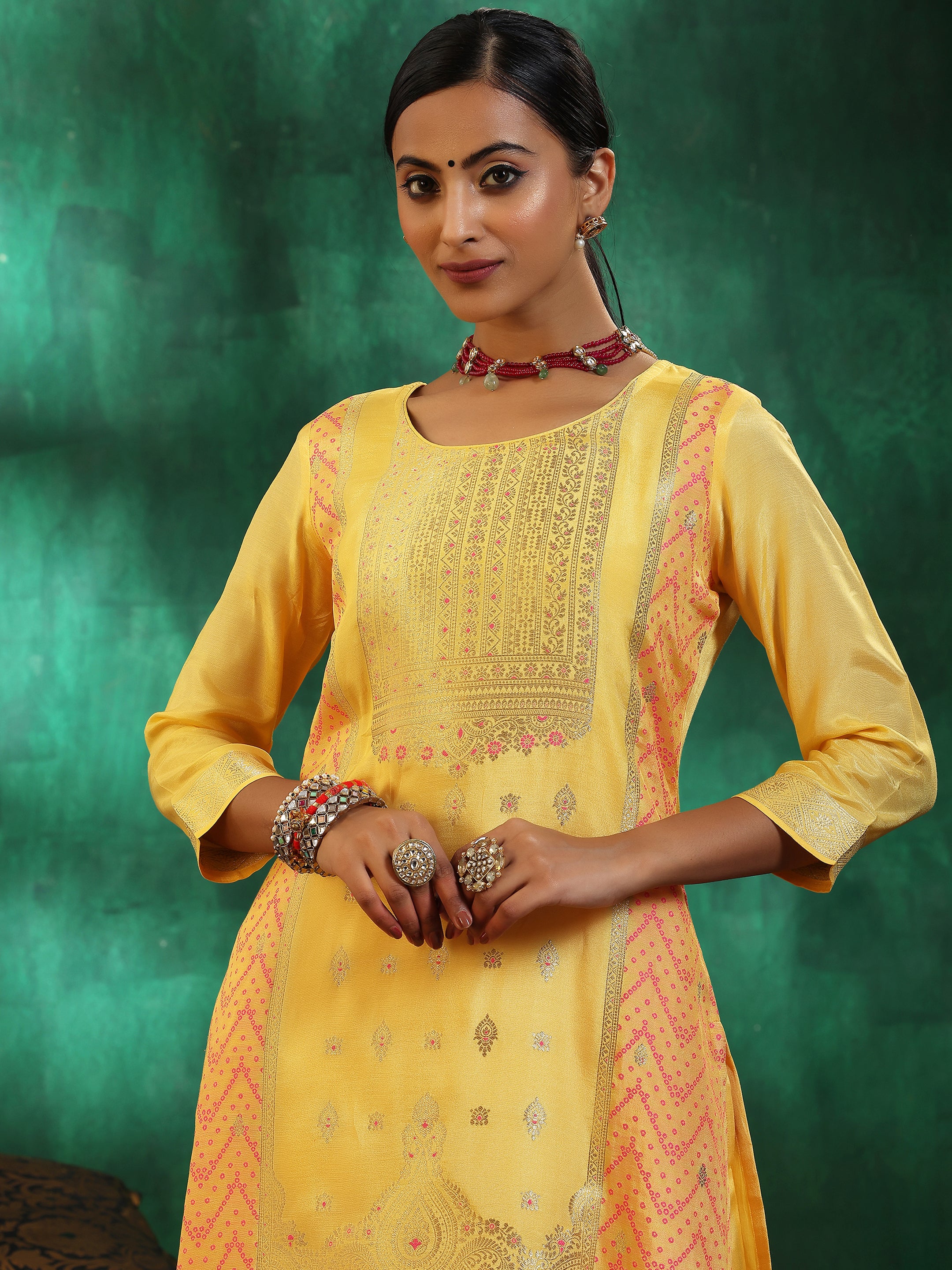 Yellow Embroidered Silk Blend Straight Suit With Dupatta