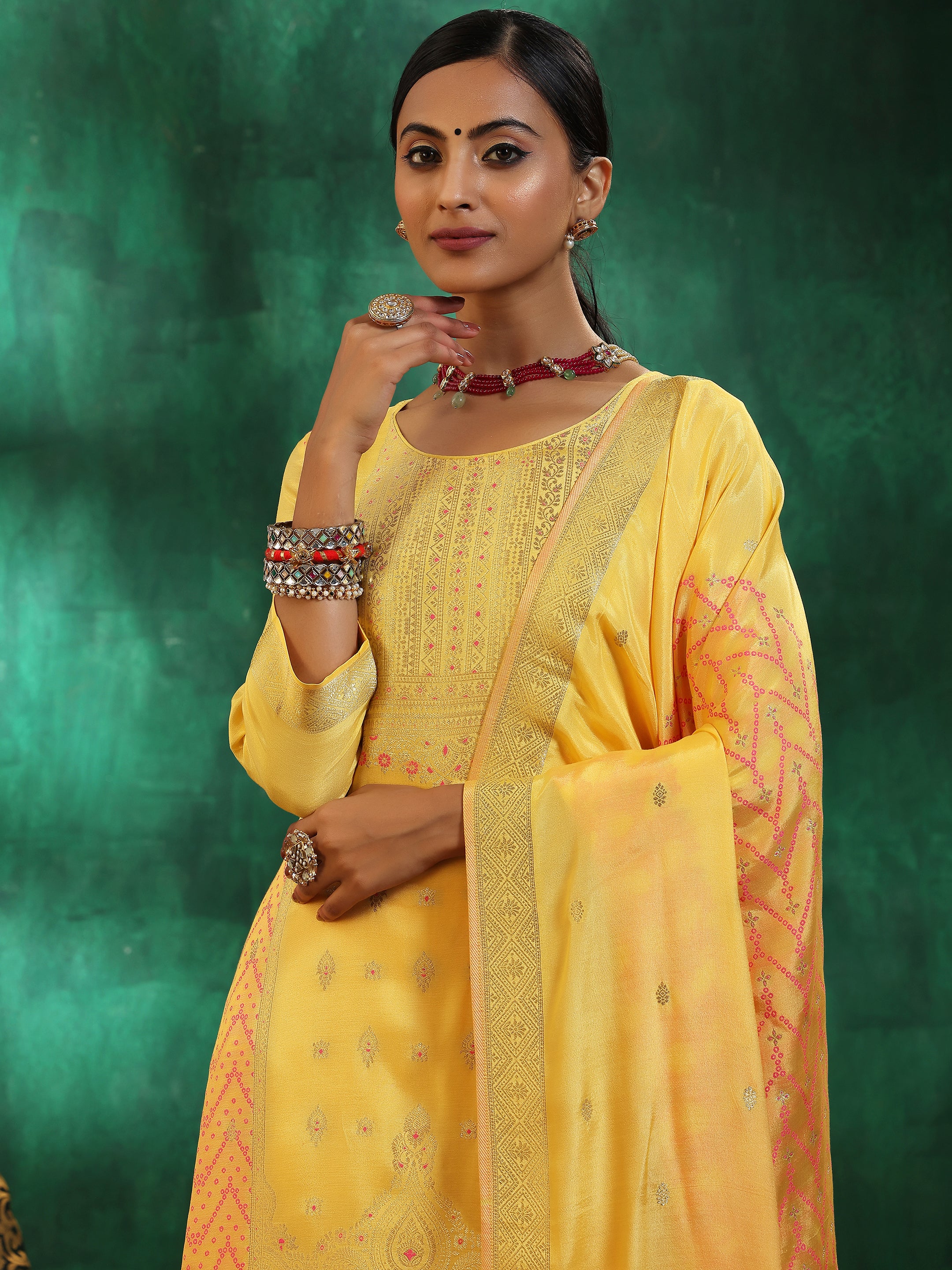 Yellow Embroidered Silk Blend Straight Suit With Dupatta