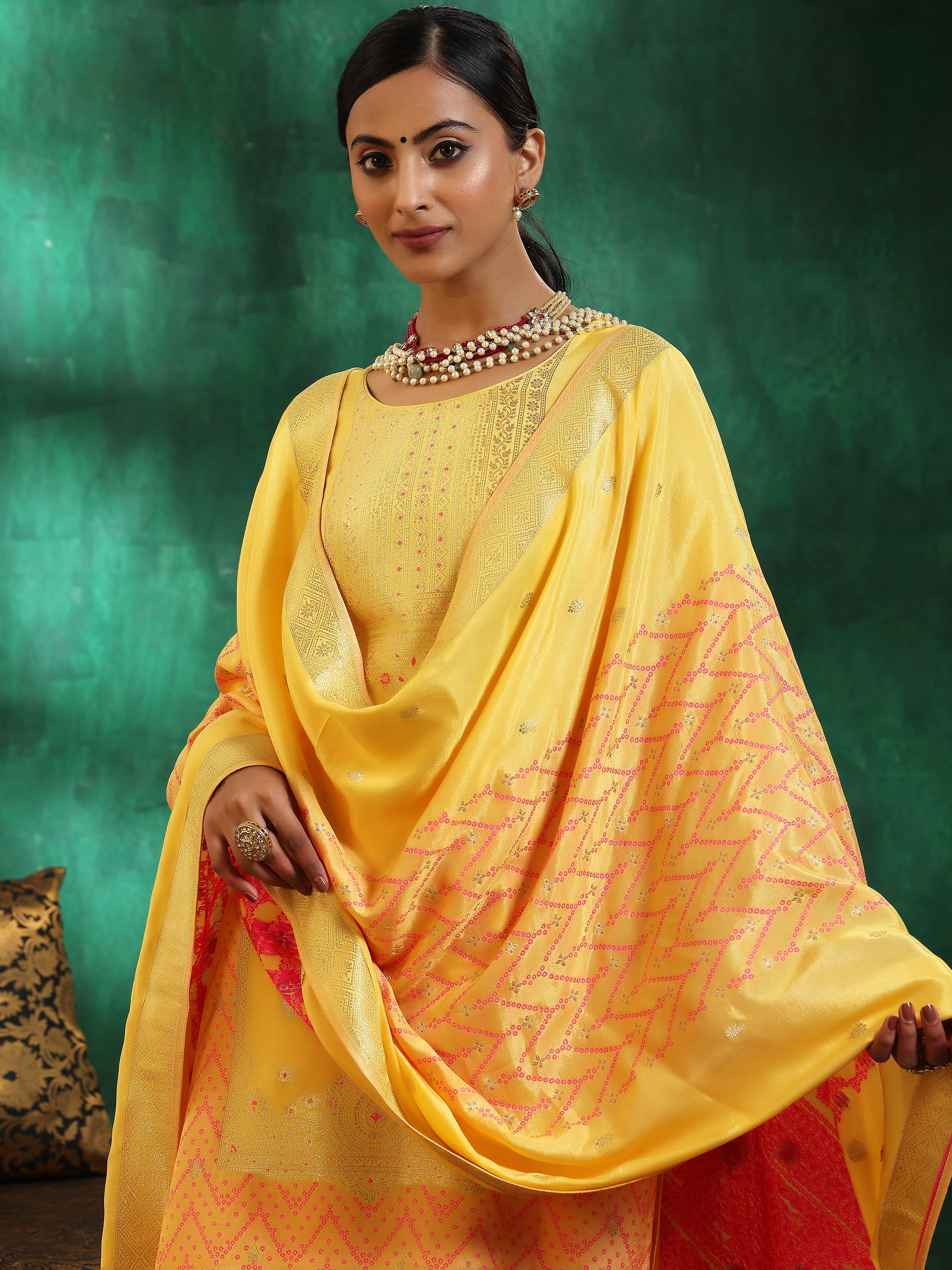 Yellow Embroidered Silk Blend Straight Suit With Dupatta