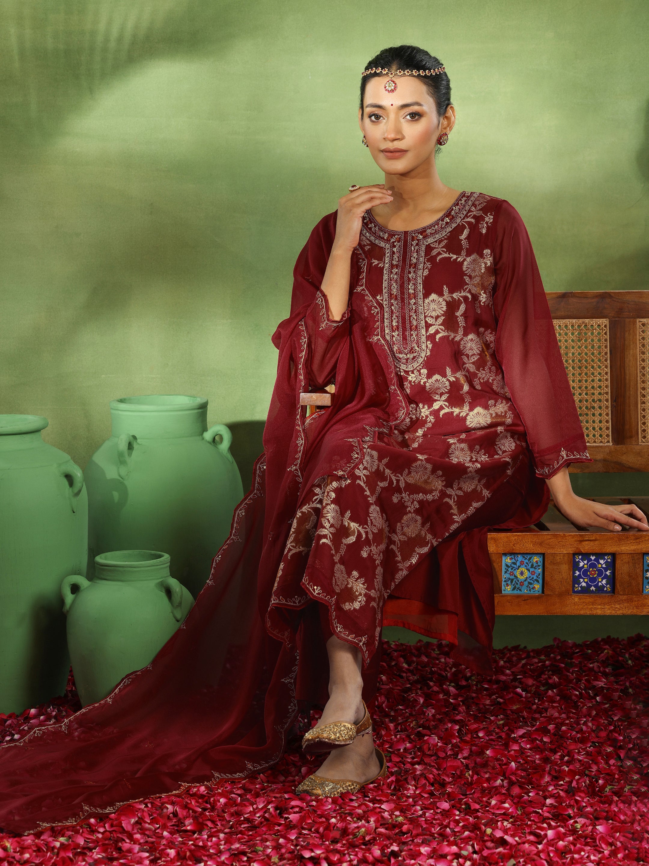 Maroon Woven Design Organza Straight Suit With Dupatta