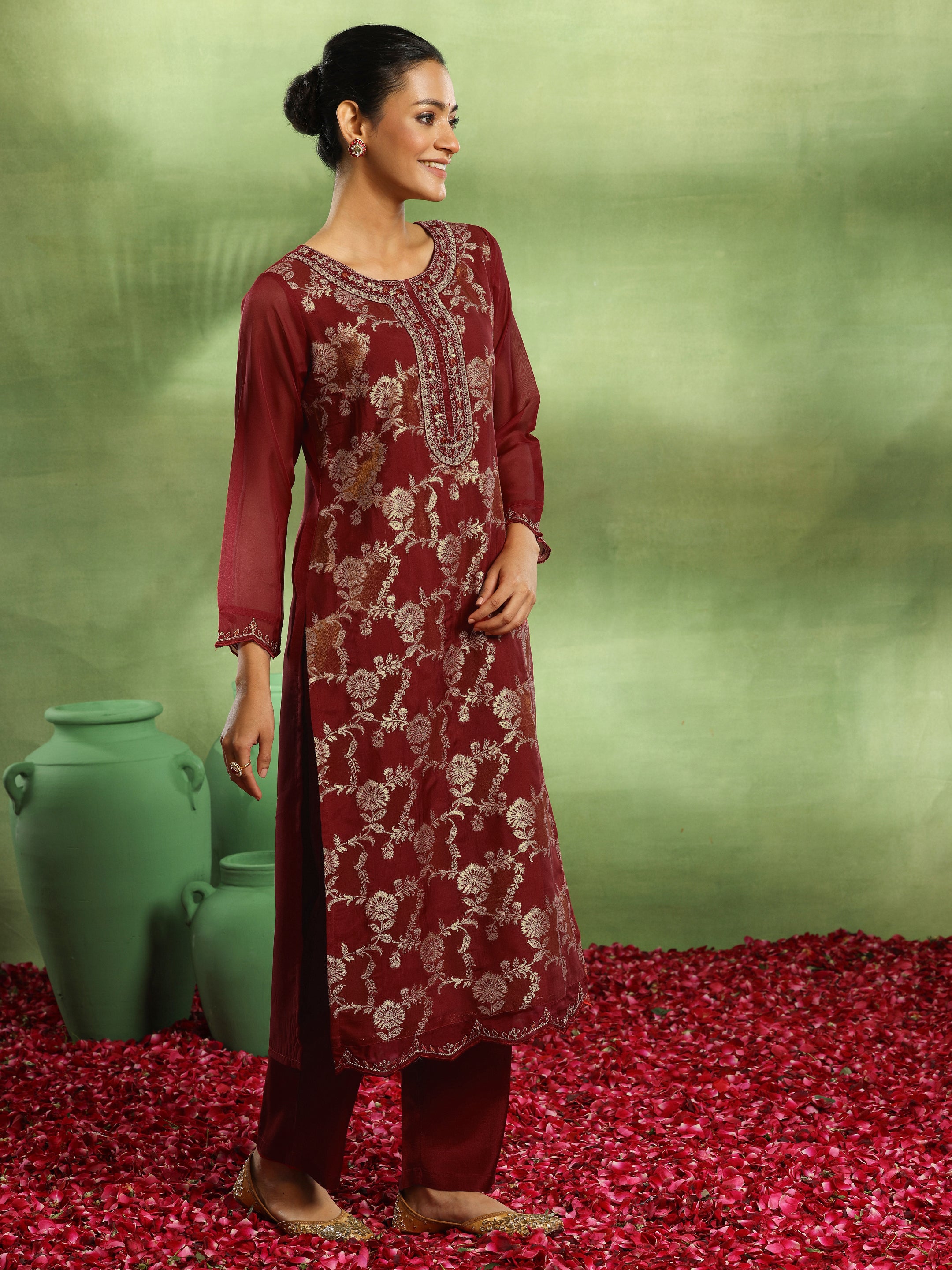 Maroon Woven Design Organza Straight Suit With Dupatta