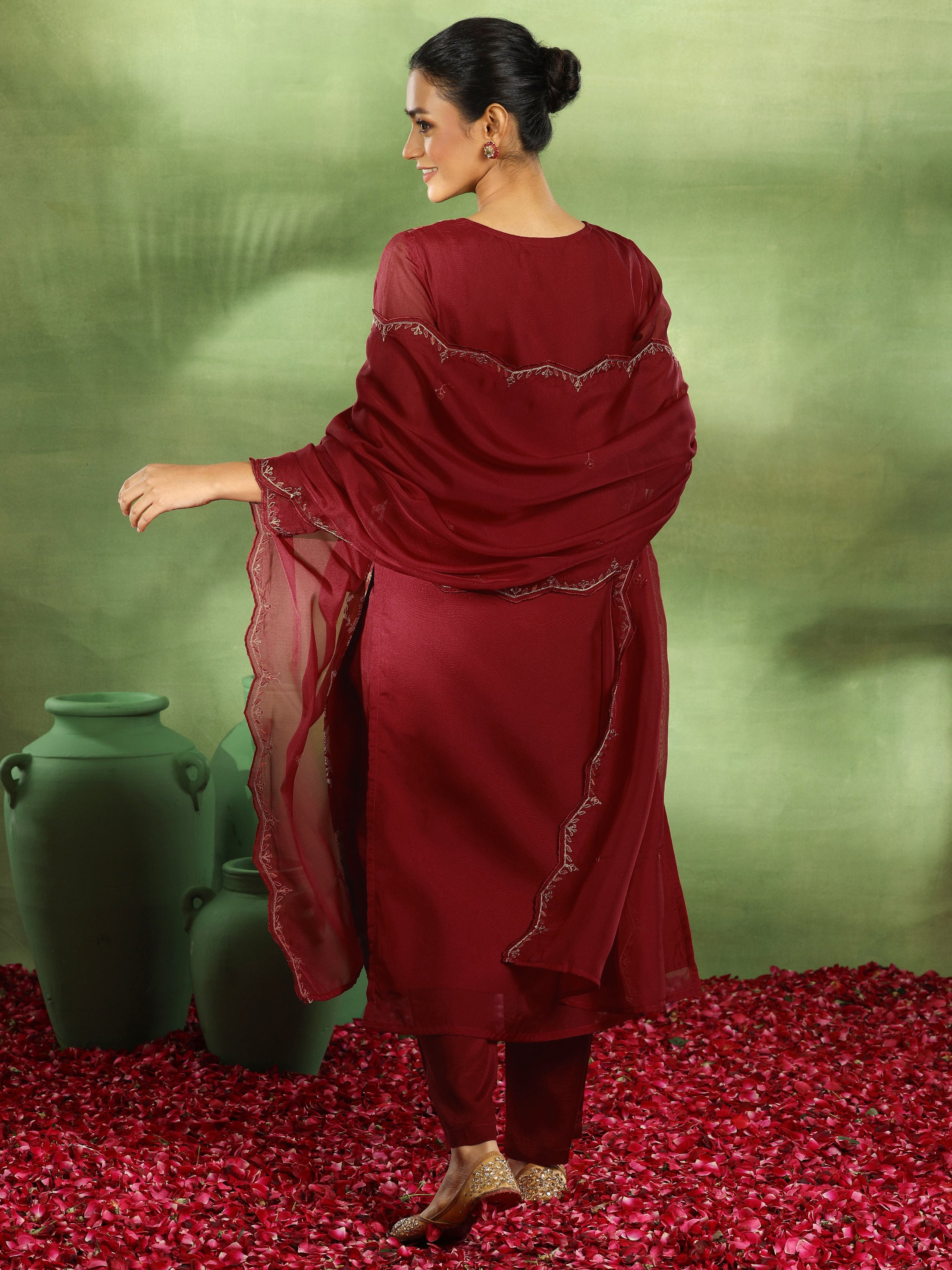 Maroon Woven Design Organza Straight Suit With Dupatta