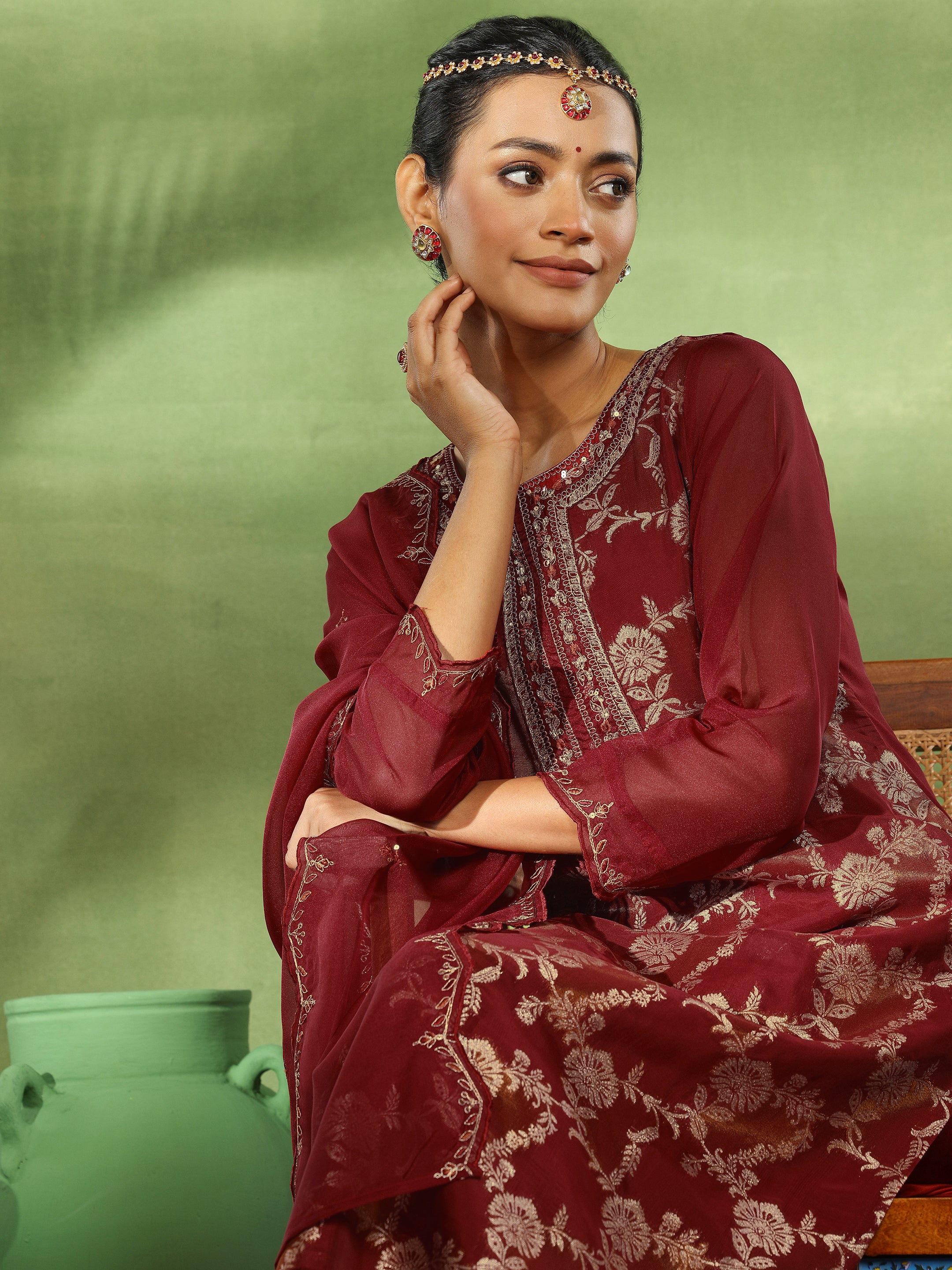 Maroon Woven Design Organza Straight Suit With Dupatta