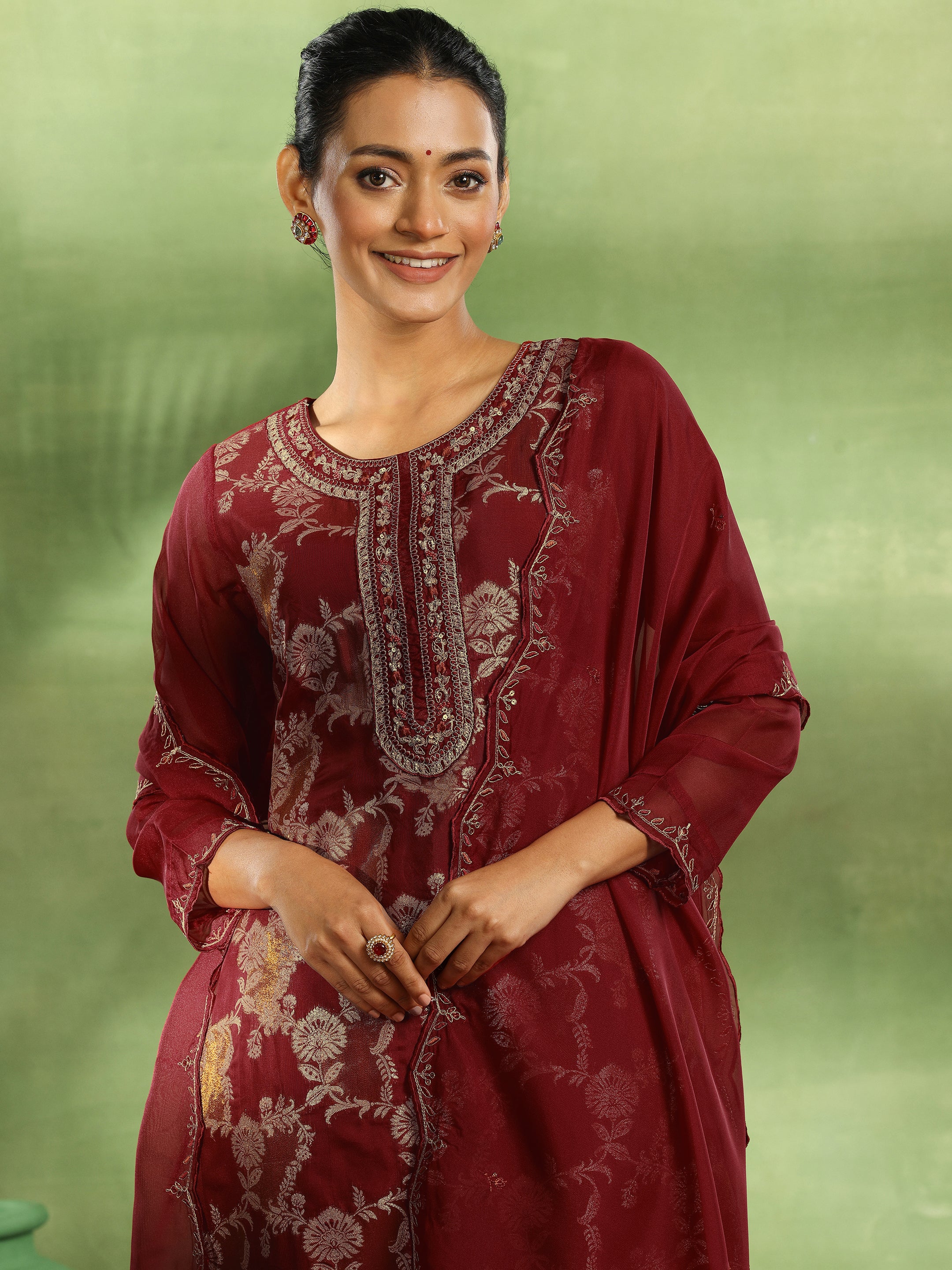 Maroon Woven Design Organza Straight Suit With Dupatta