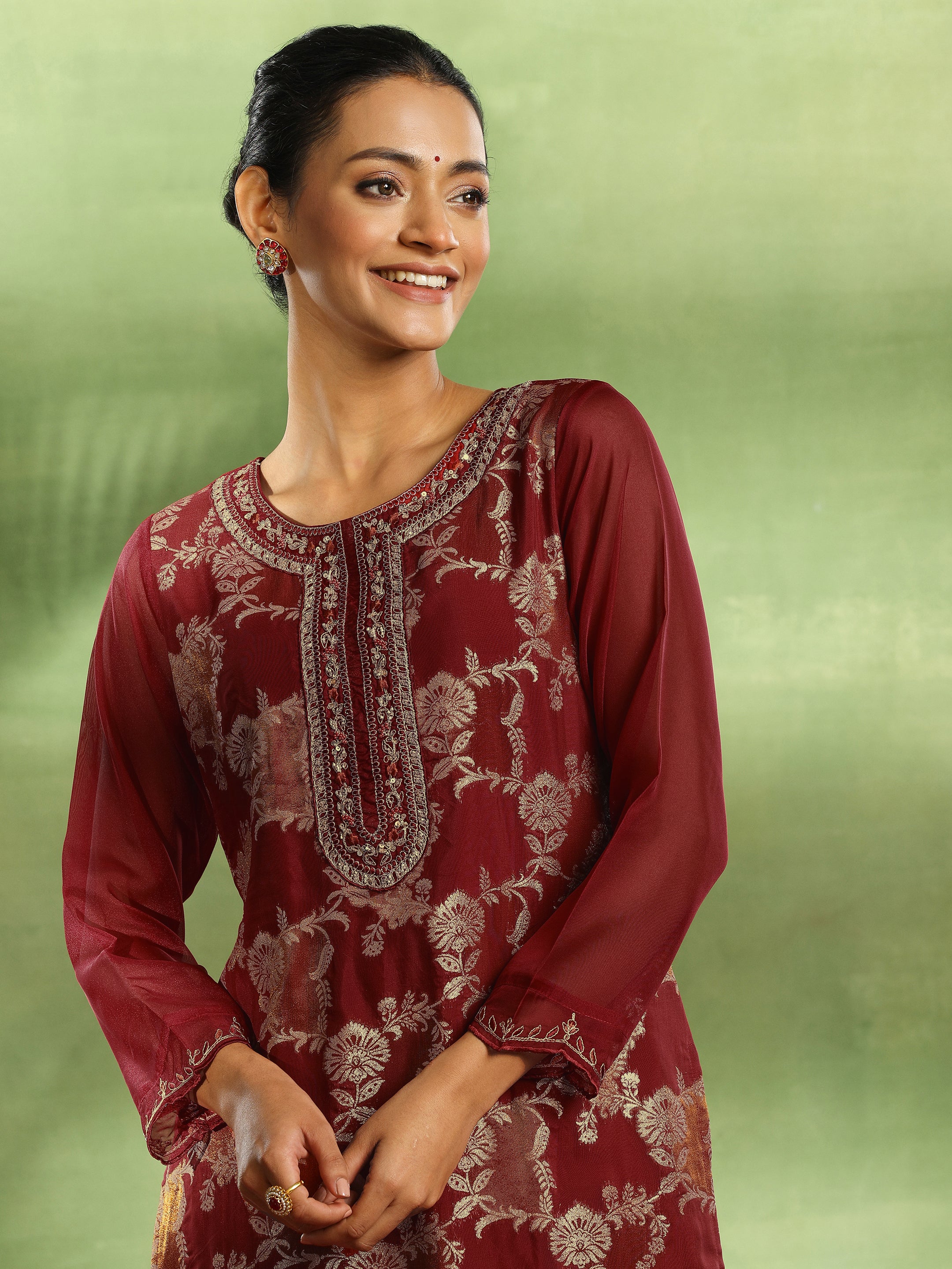 Maroon Woven Design Organza Straight Suit With Dupatta