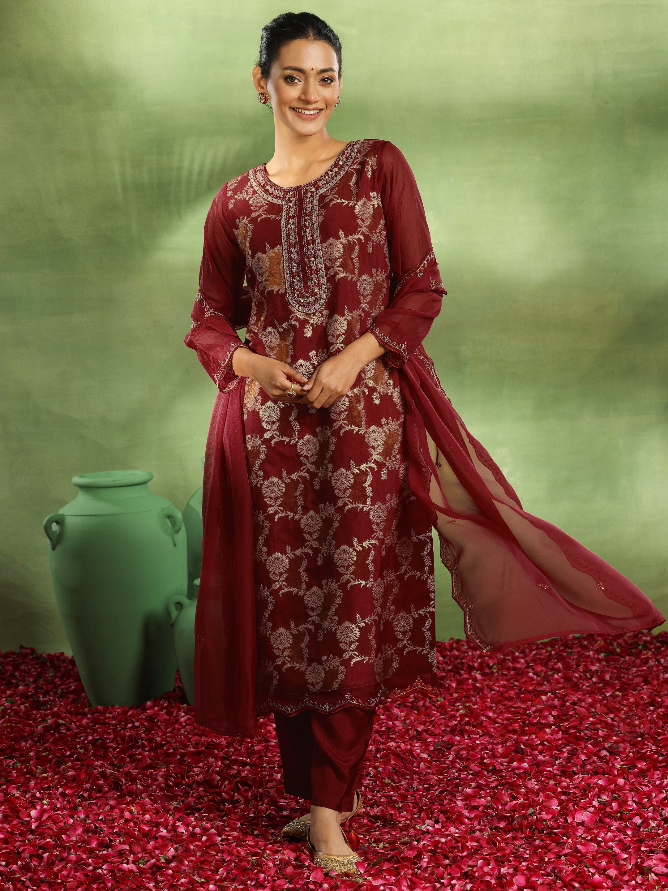 Maroon Woven Design Organza Straight Suit With Dupatta