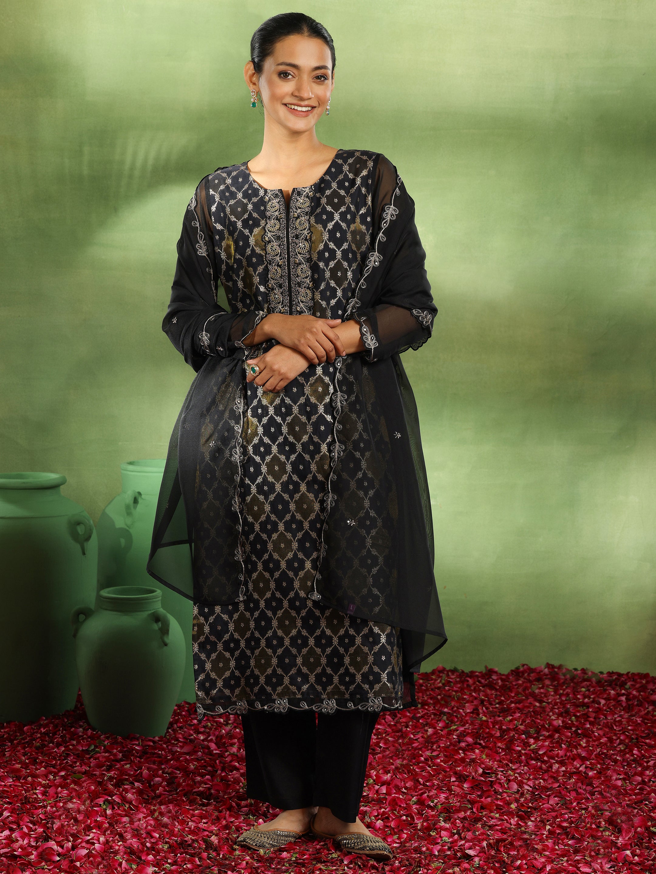 Black Woven Design Organza Straight Suit With Dupatta