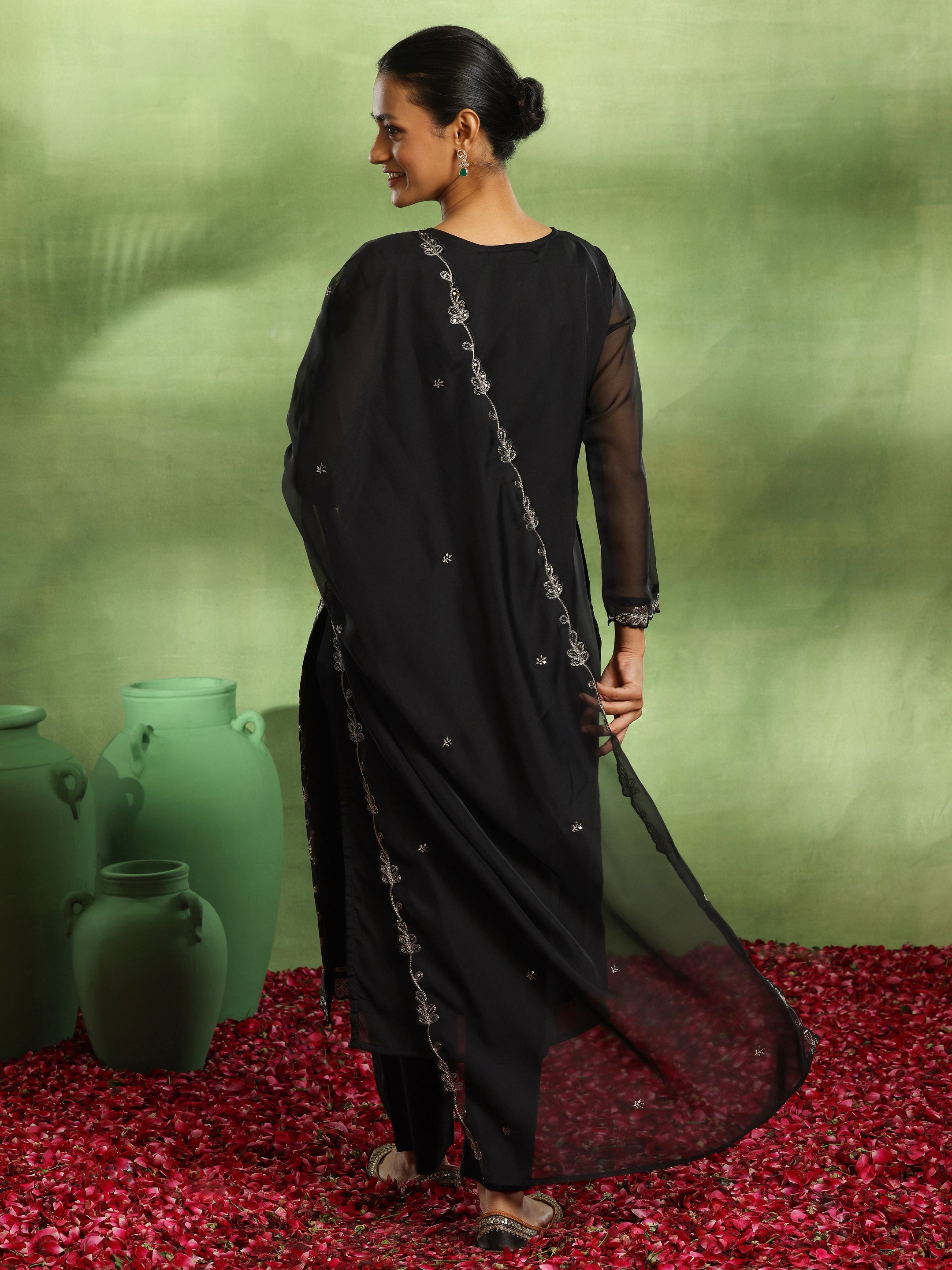 Black Woven Design Organza Straight Suit With Dupatta