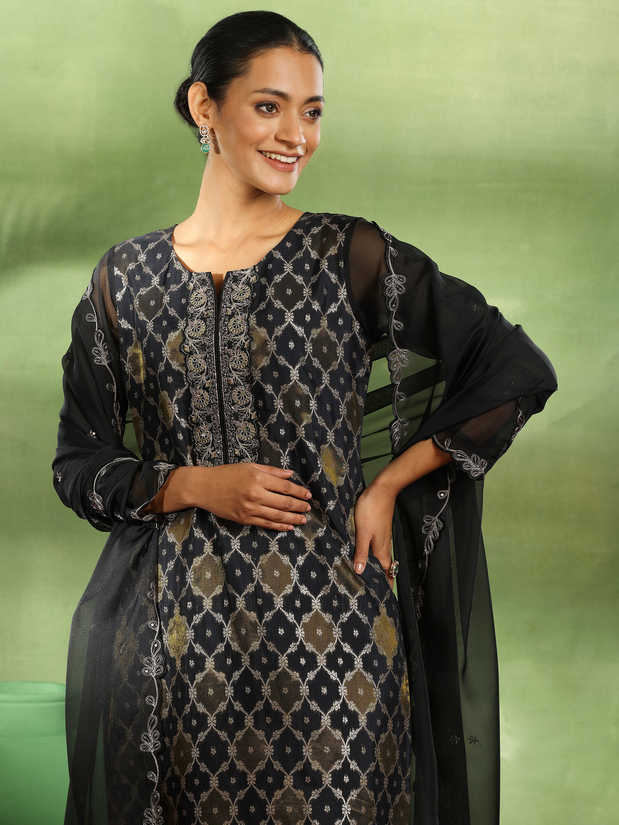 Black Woven Design Organza Straight Suit With Dupatta