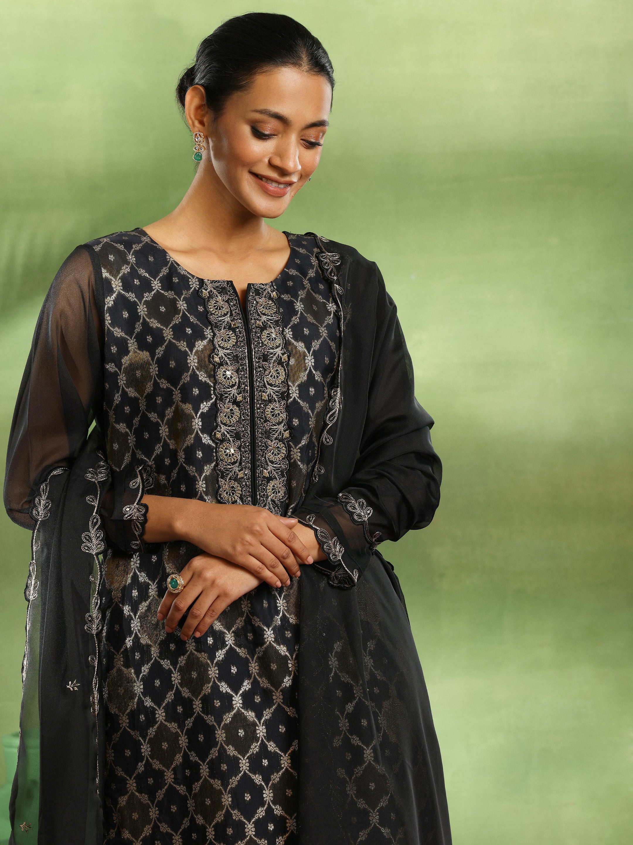 Black Woven Design Organza Straight Suit With Dupatta