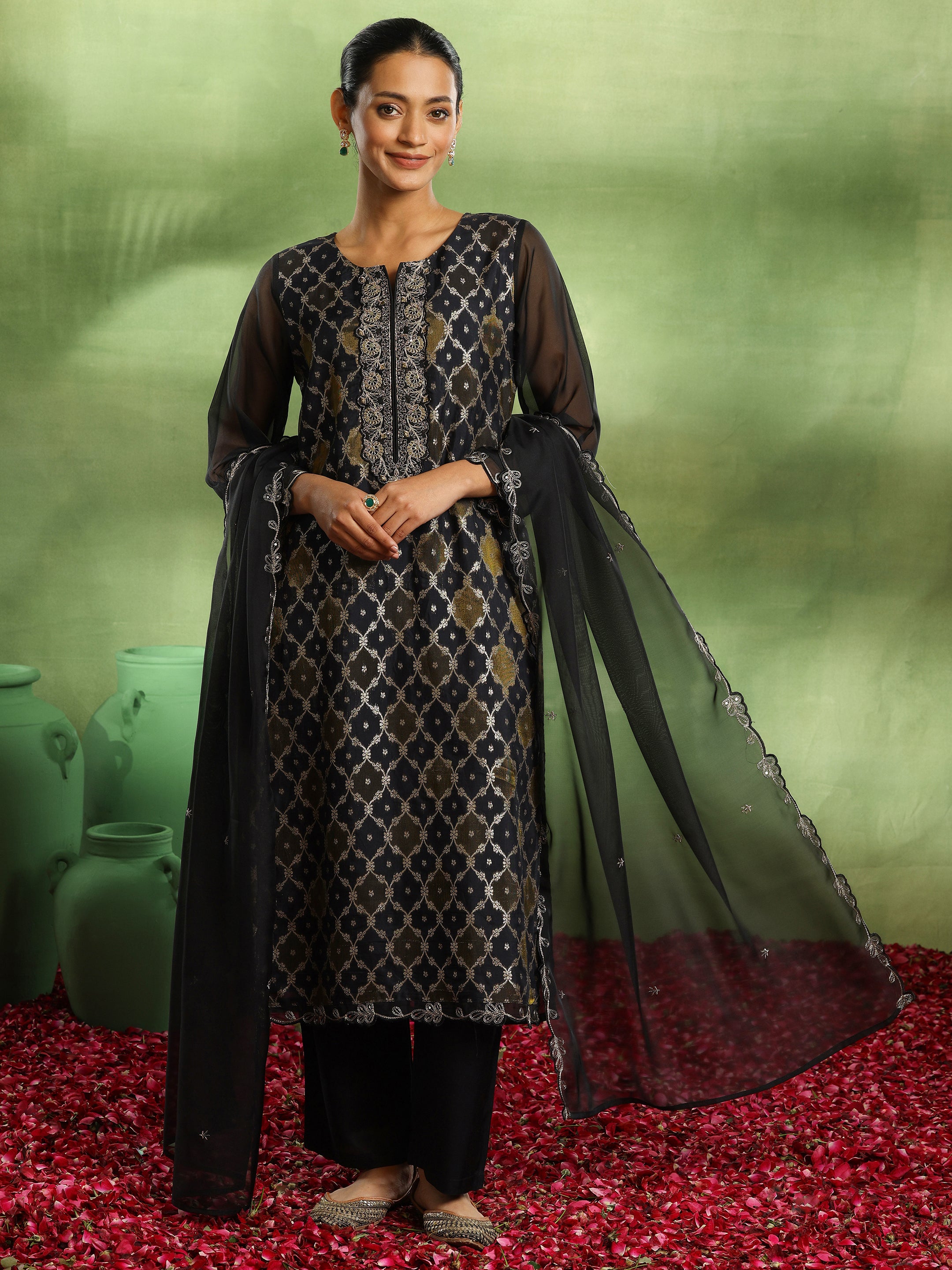 Black Woven Design Organza Straight Suit With Dupatta