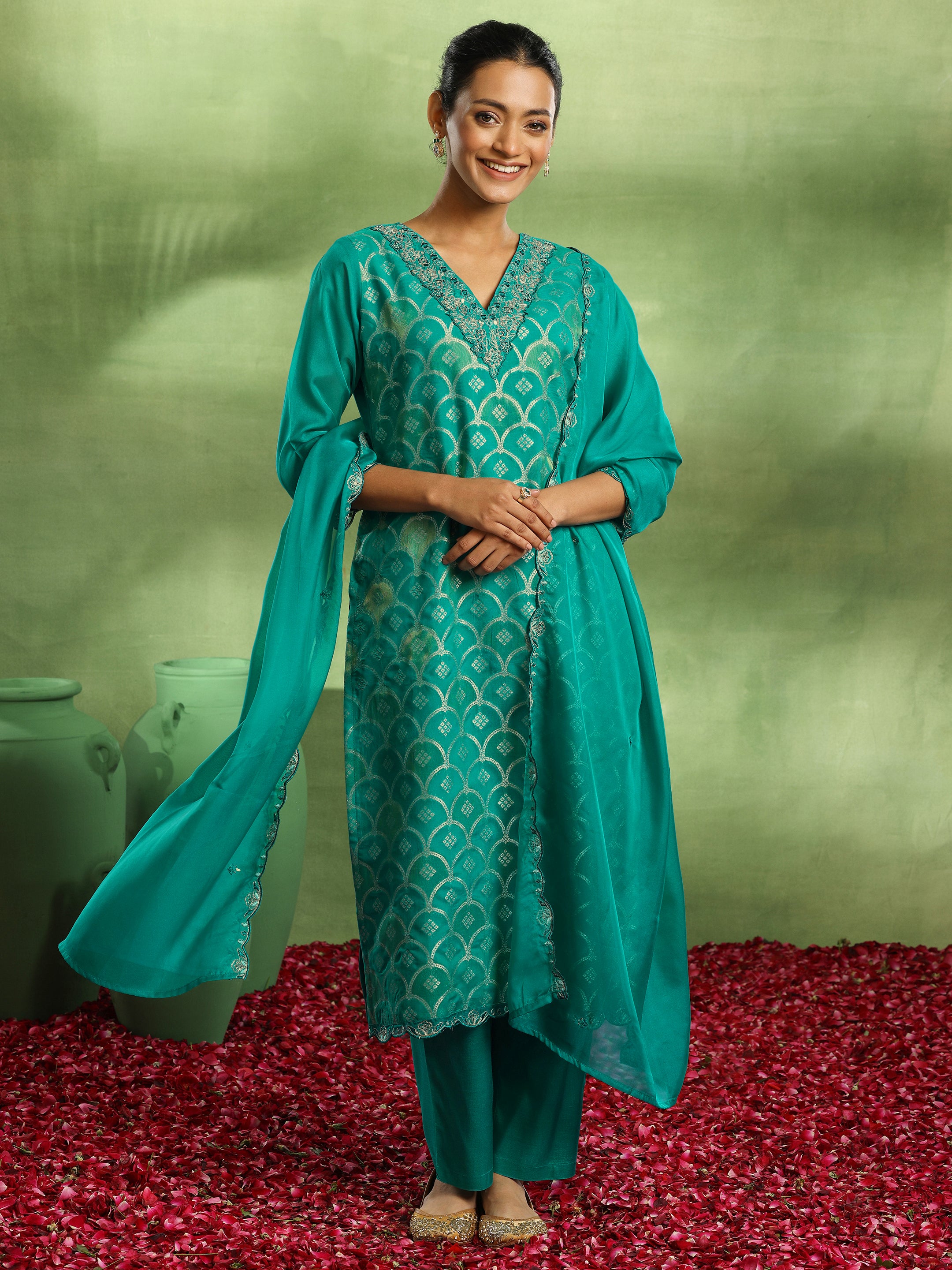 Green Woven Design Organza Straight Suit With Dupatta