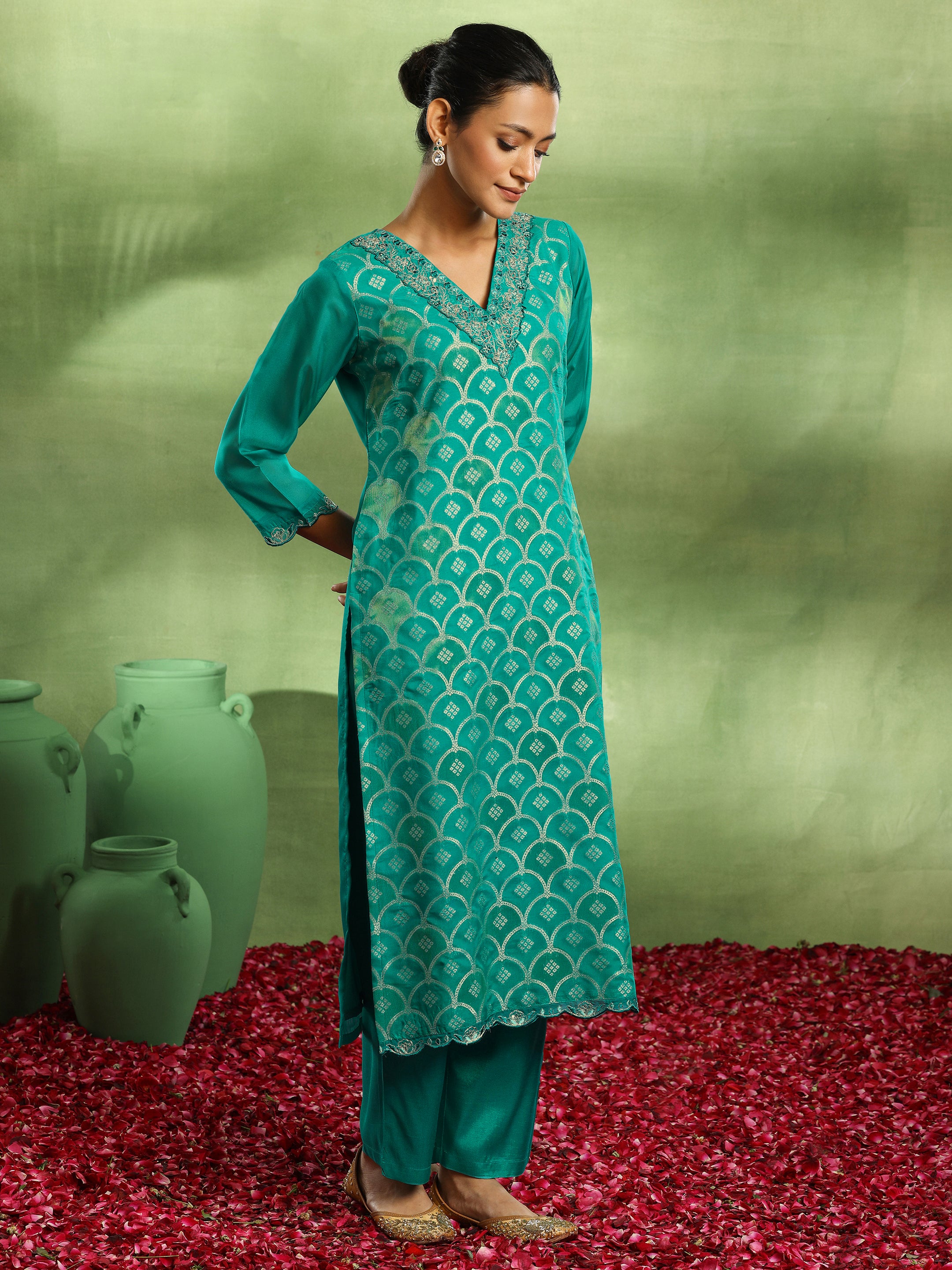 Green Woven Design Organza Straight Suit With Dupatta