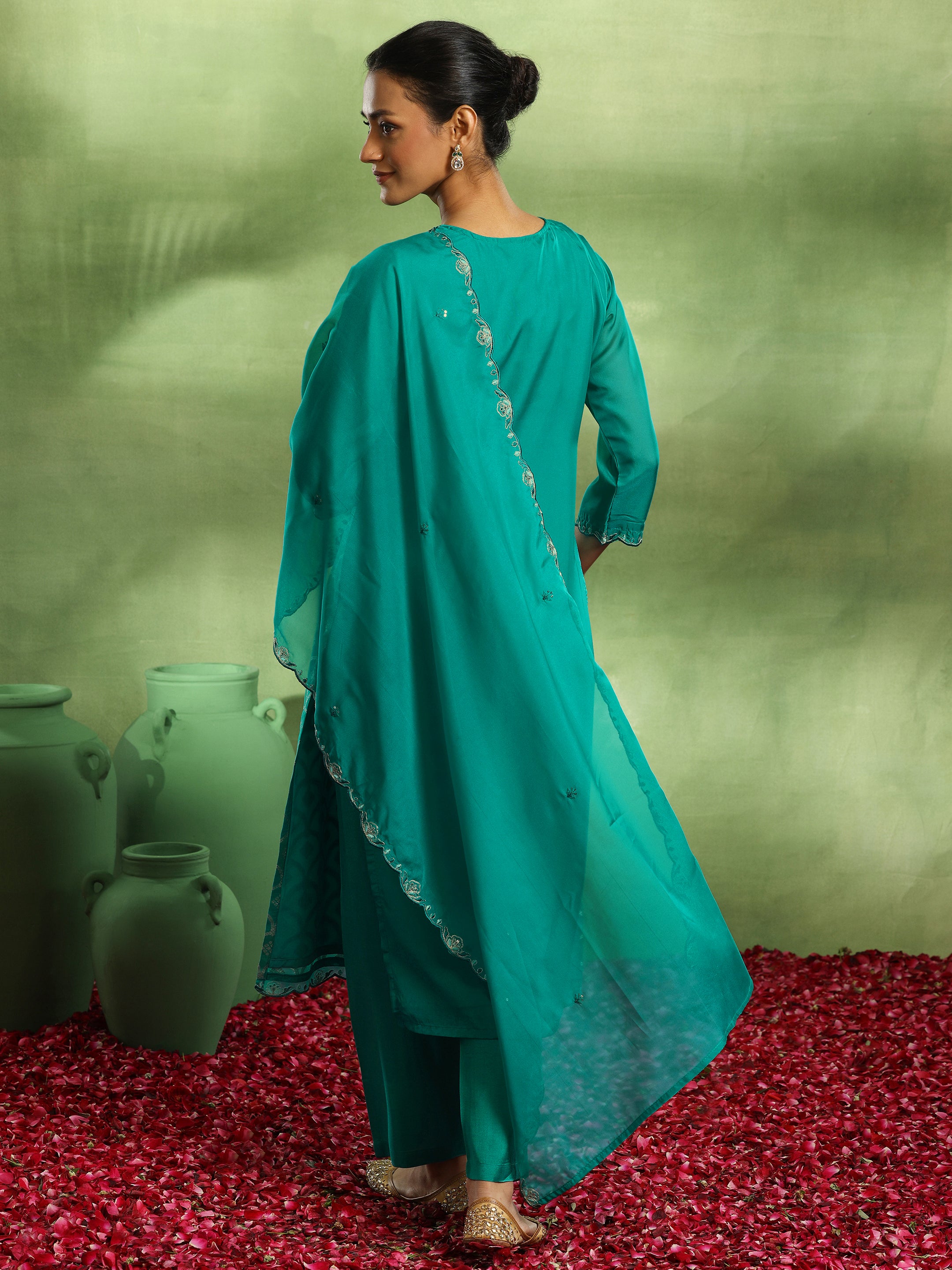 Green Woven Design Organza Straight Suit With Dupatta