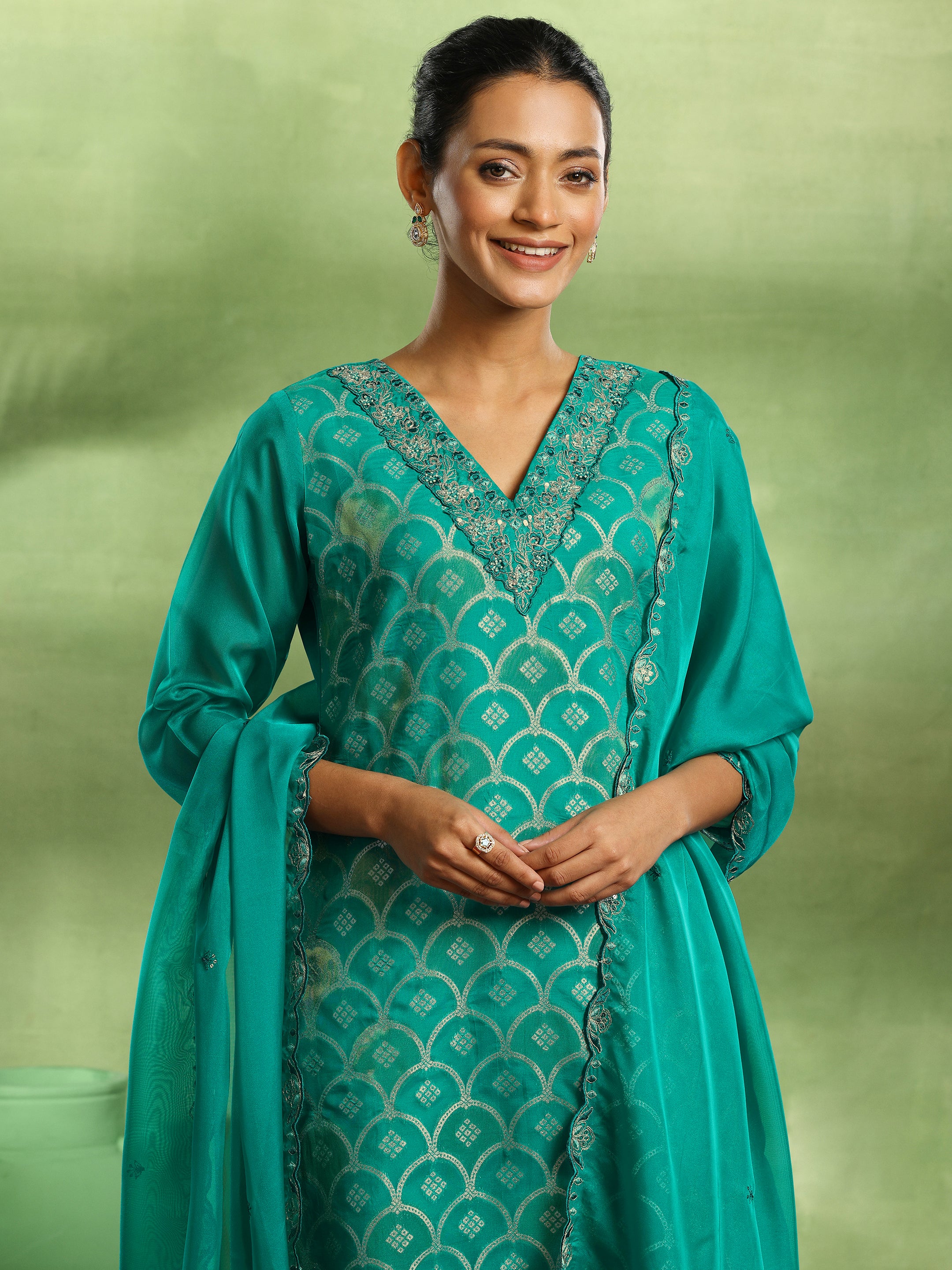 Green Woven Design Organza Straight Suit With Dupatta