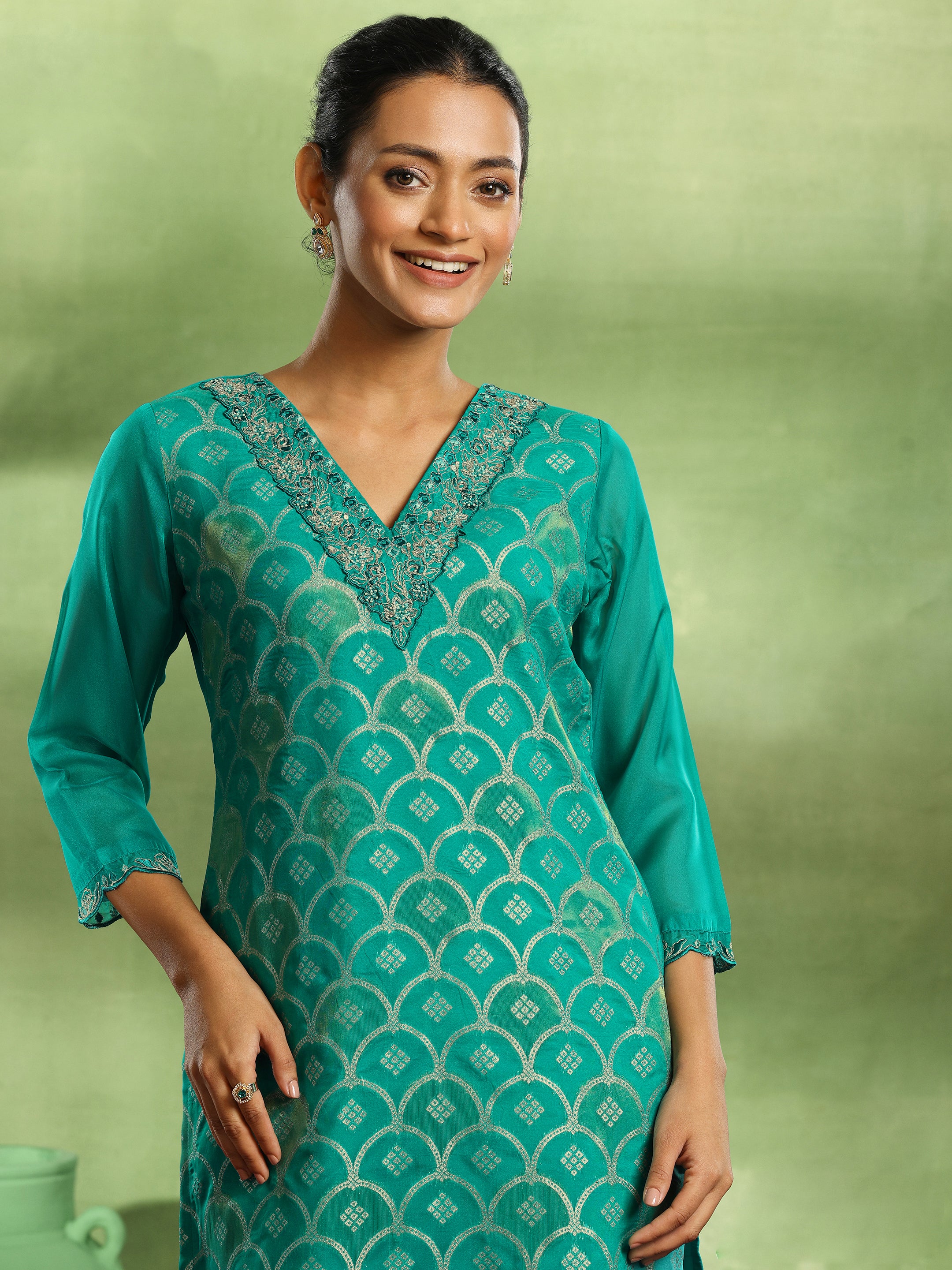 Green Woven Design Organza Straight Suit With Dupatta