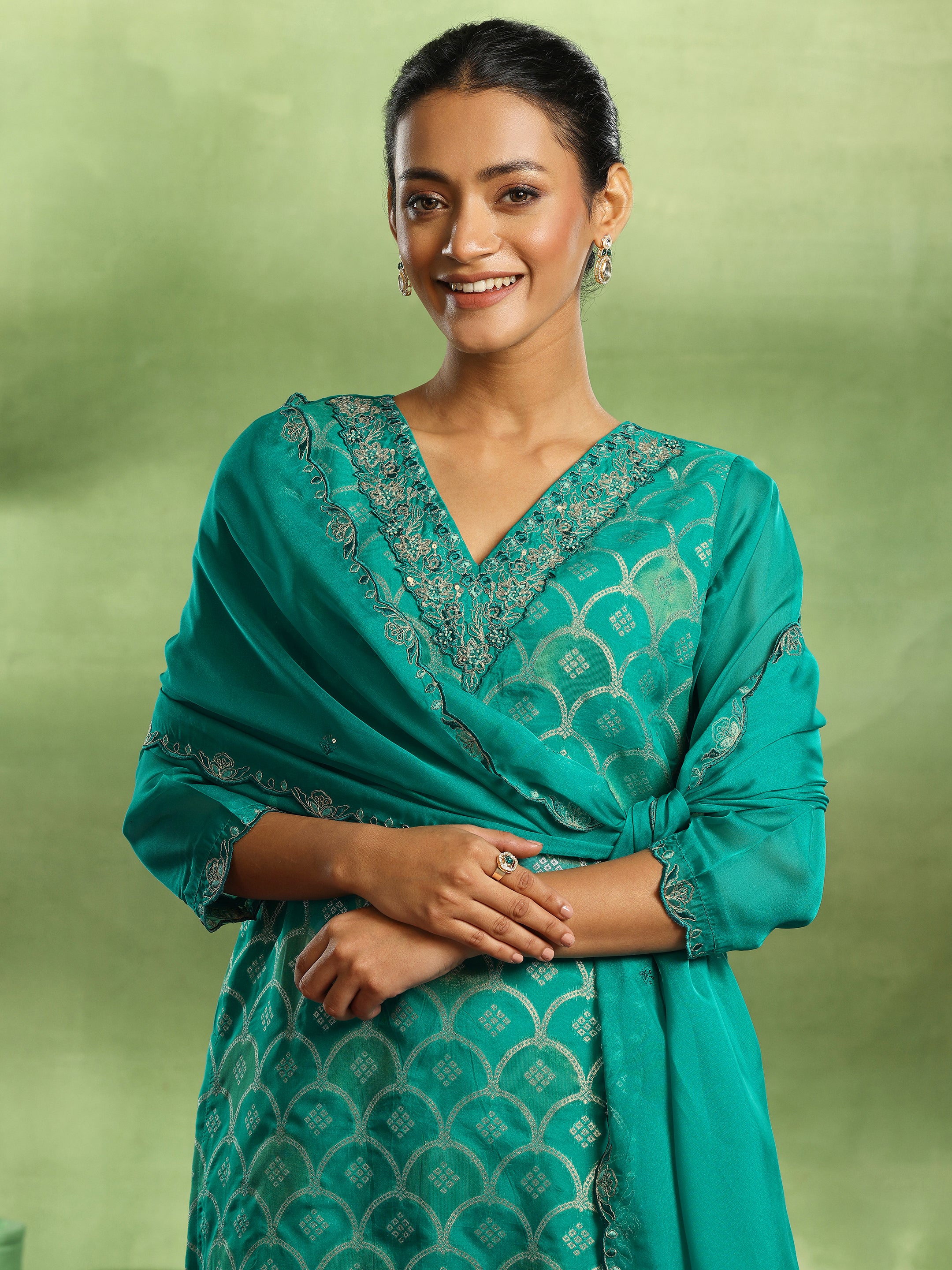 Green Woven Design Organza Straight Suit With Dupatta