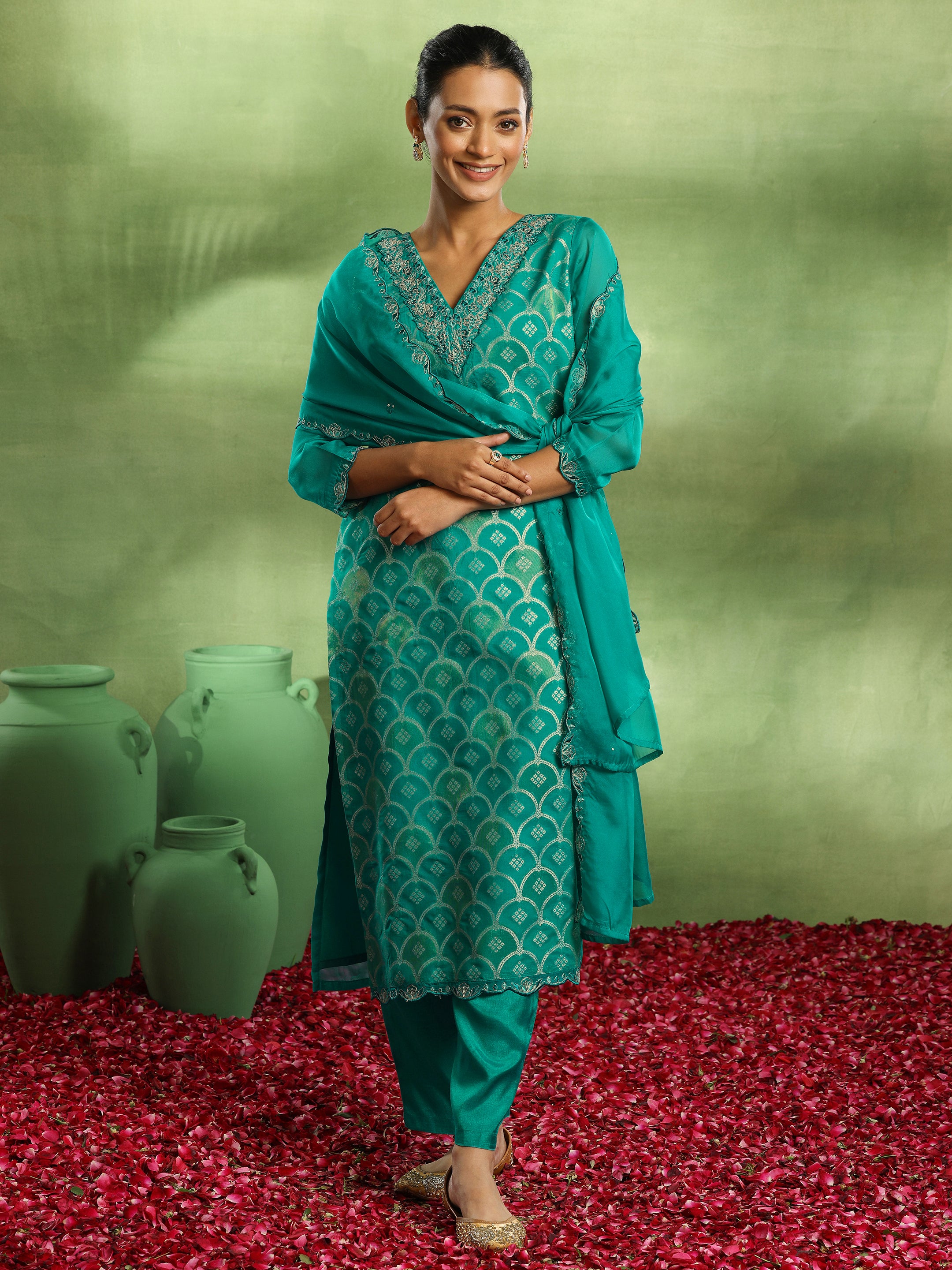 Green Woven Design Organza Straight Suit With Dupatta