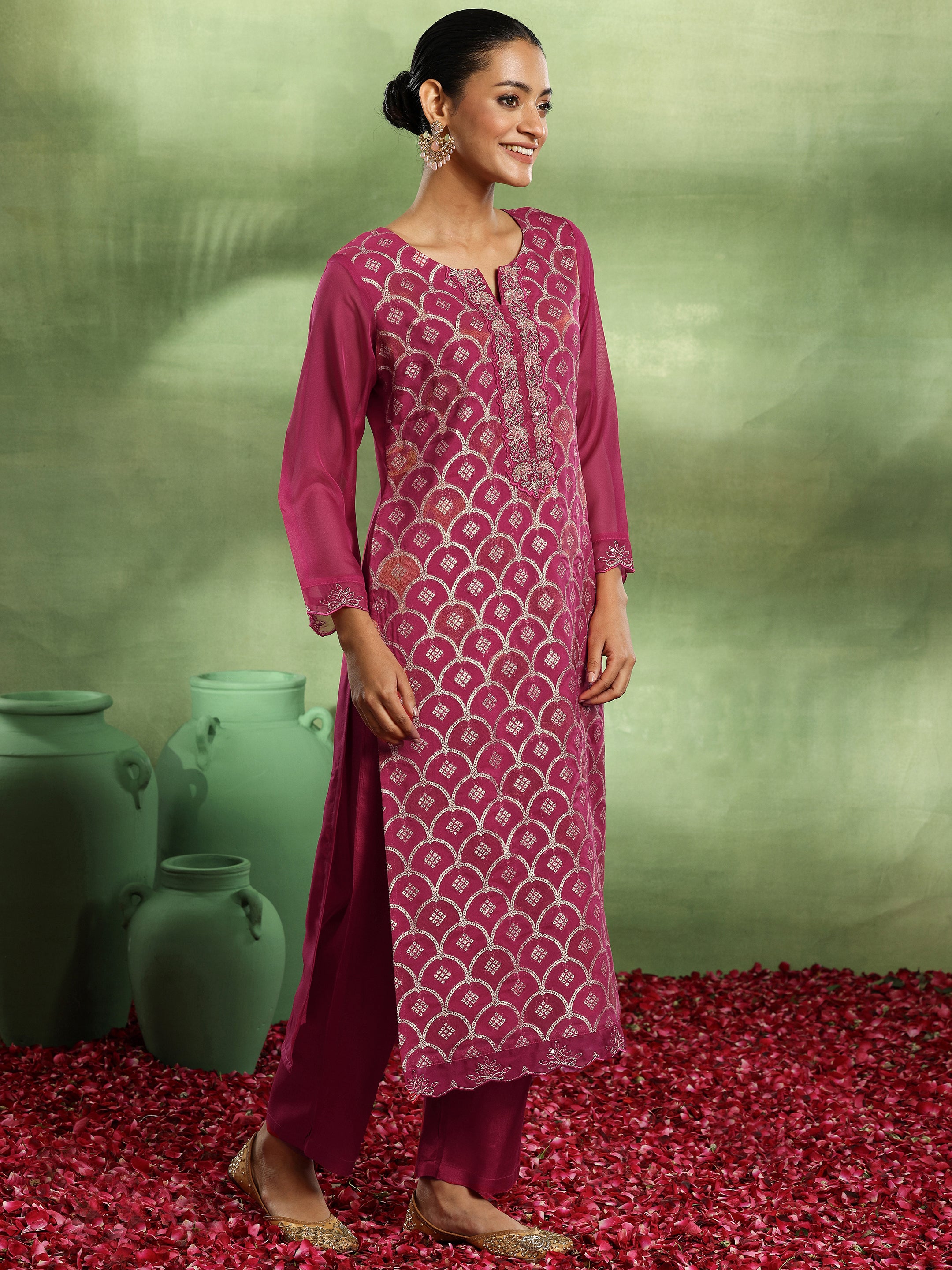 Pink Woven Design Organza Straight Suit With Dupatta