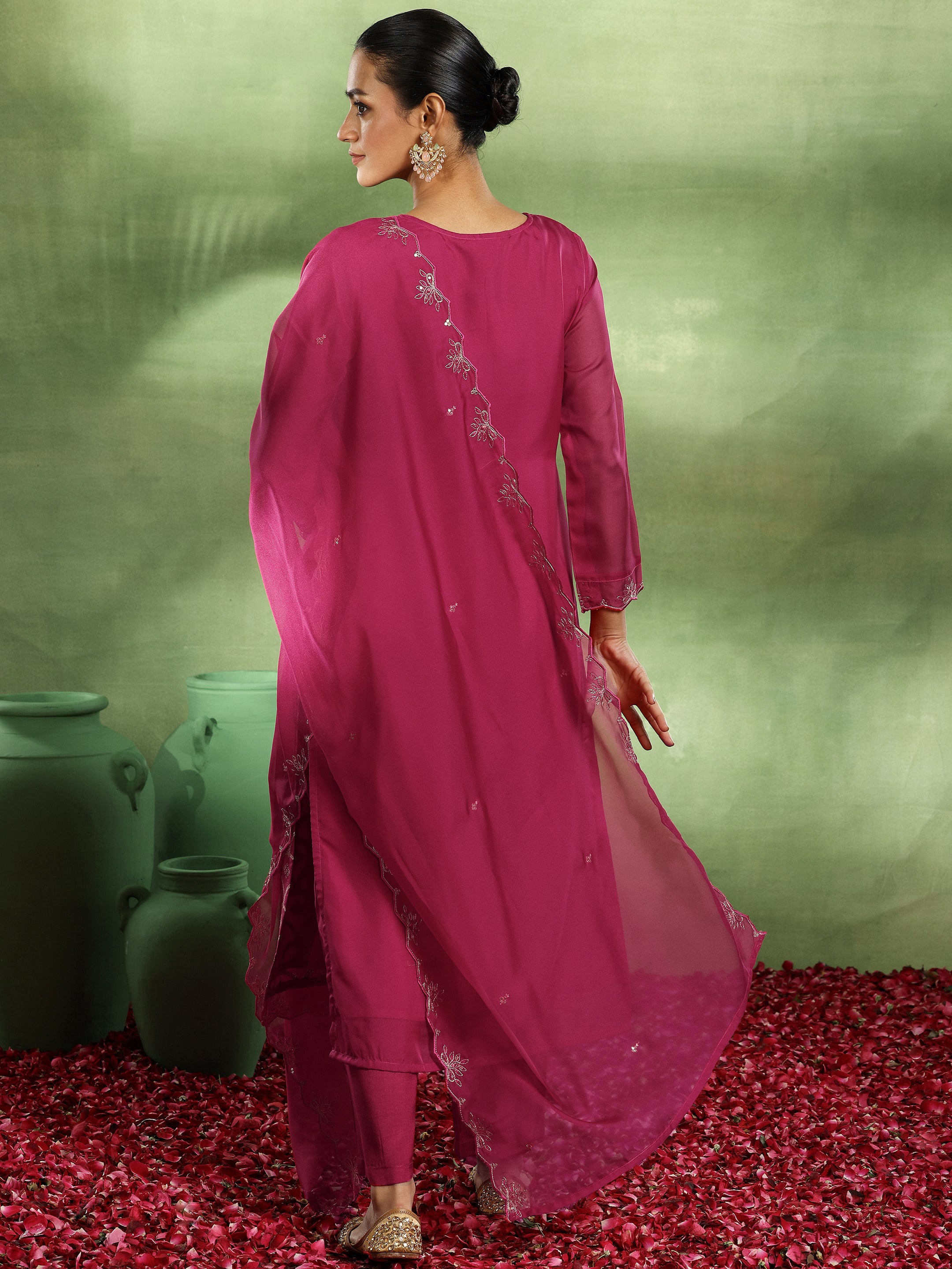 Pink Woven Design Organza Straight Suit With Dupatta