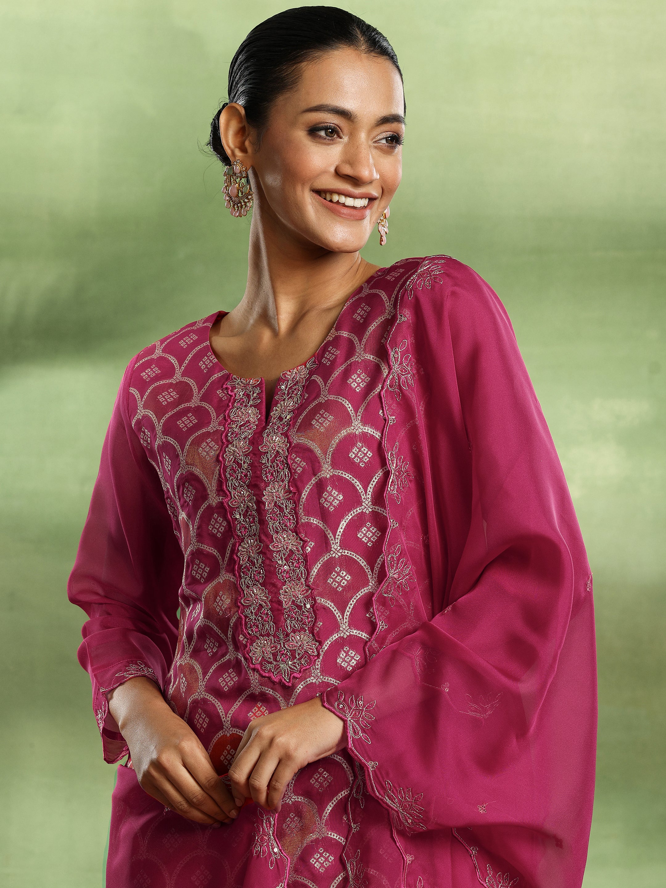 Pink Woven Design Organza Straight Suit With Dupatta