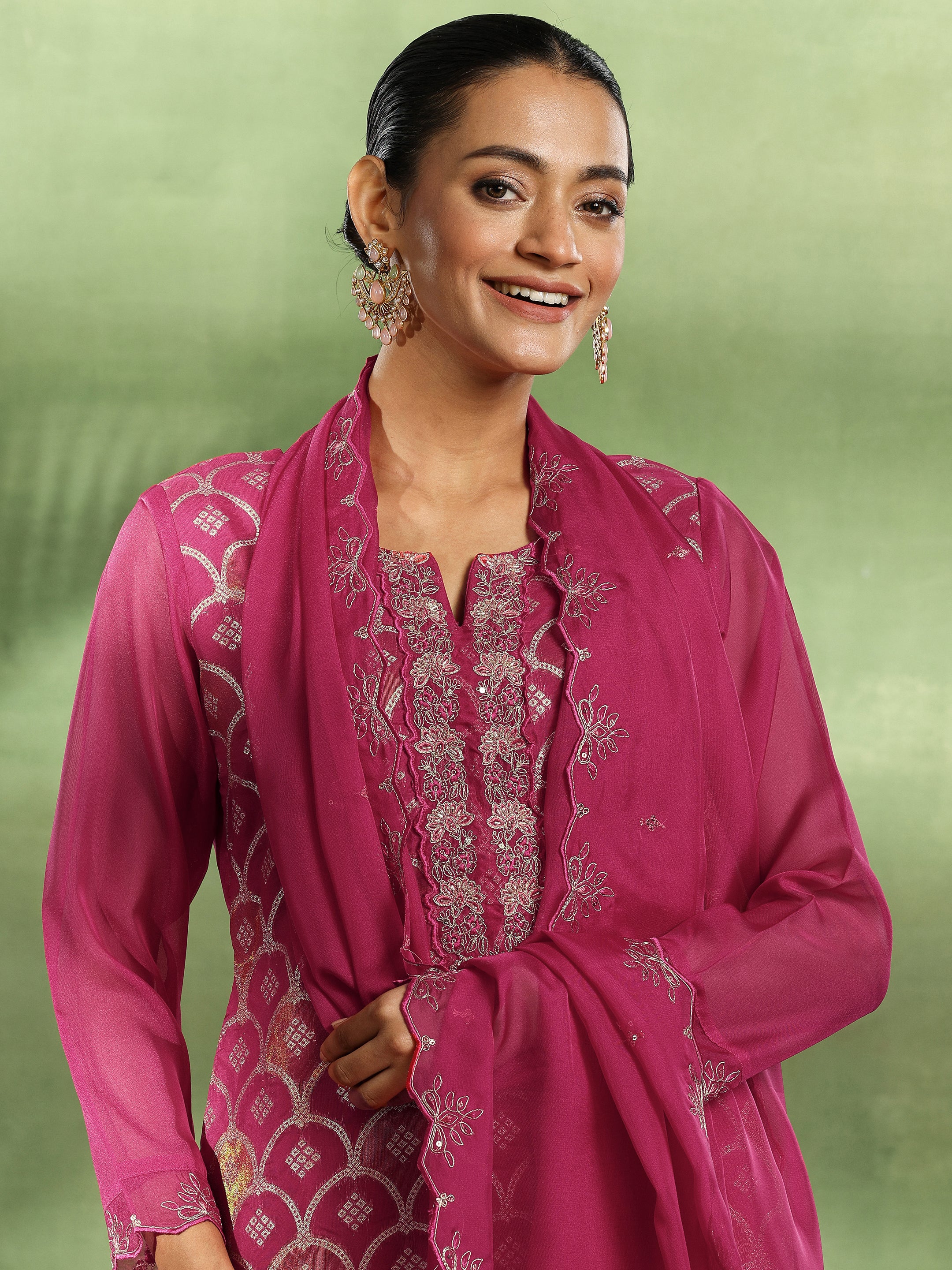 Pink Woven Design Organza Straight Suit With Dupatta