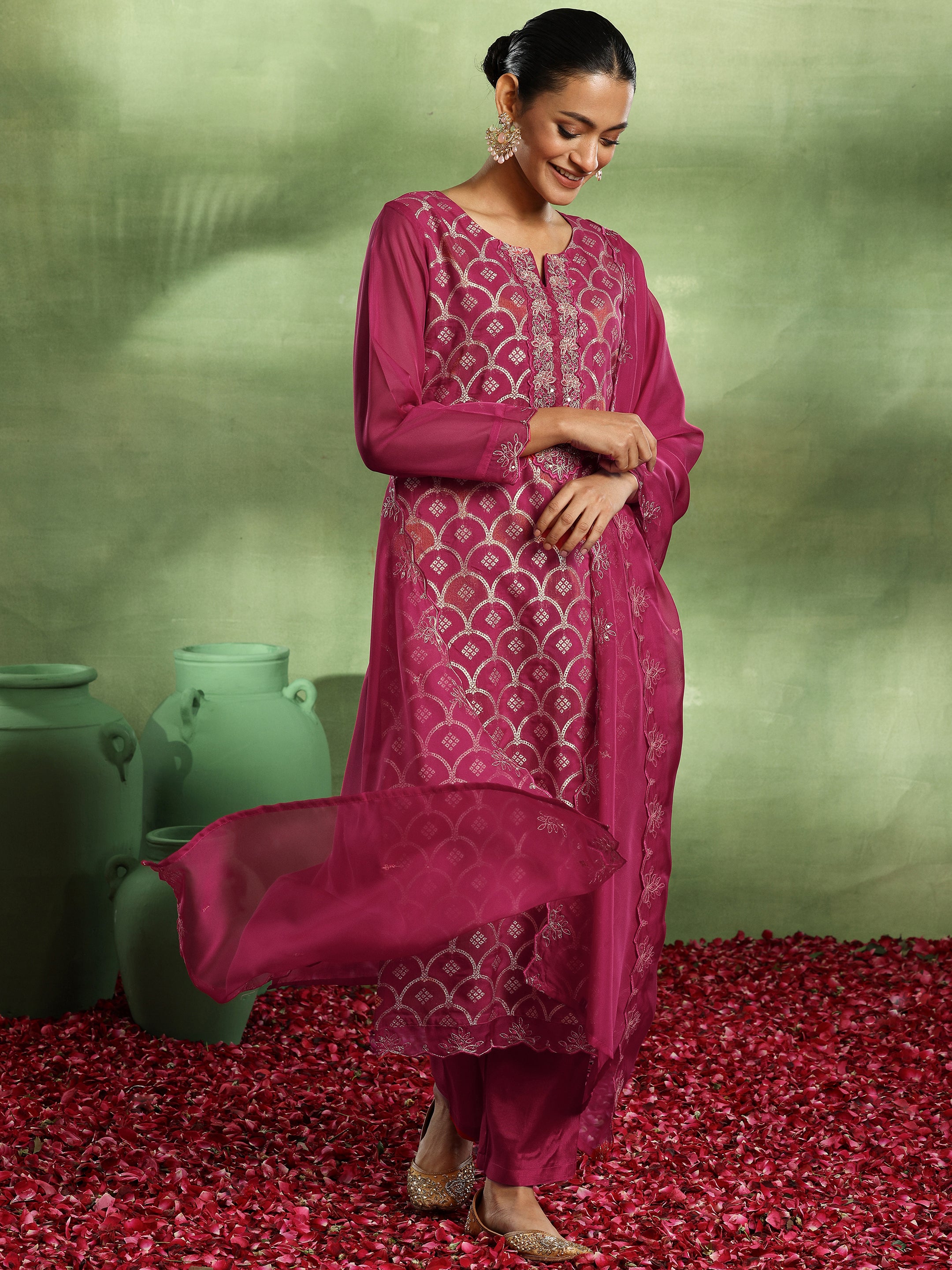 Pink Woven Design Organza Straight Suit With Dupatta