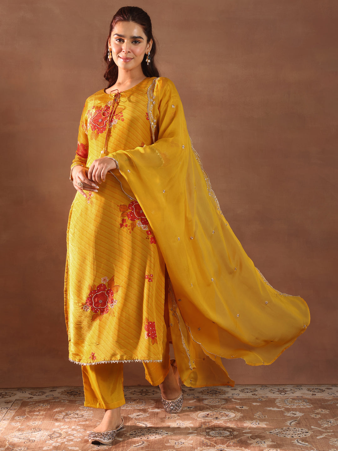 Mustard Printed Silk Blend Straight Suit With Dupatta