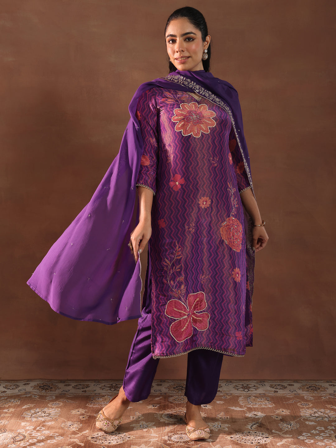 Purple Printed Silk Blend Straight Suit With Dupatta