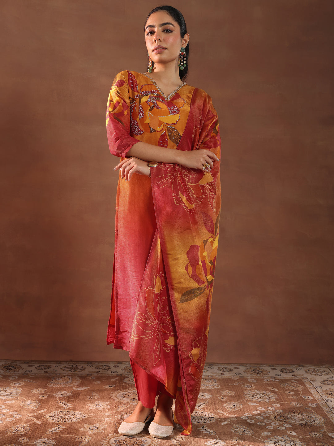 Orange Printed Silk Blend Straight Suit With Dupatta