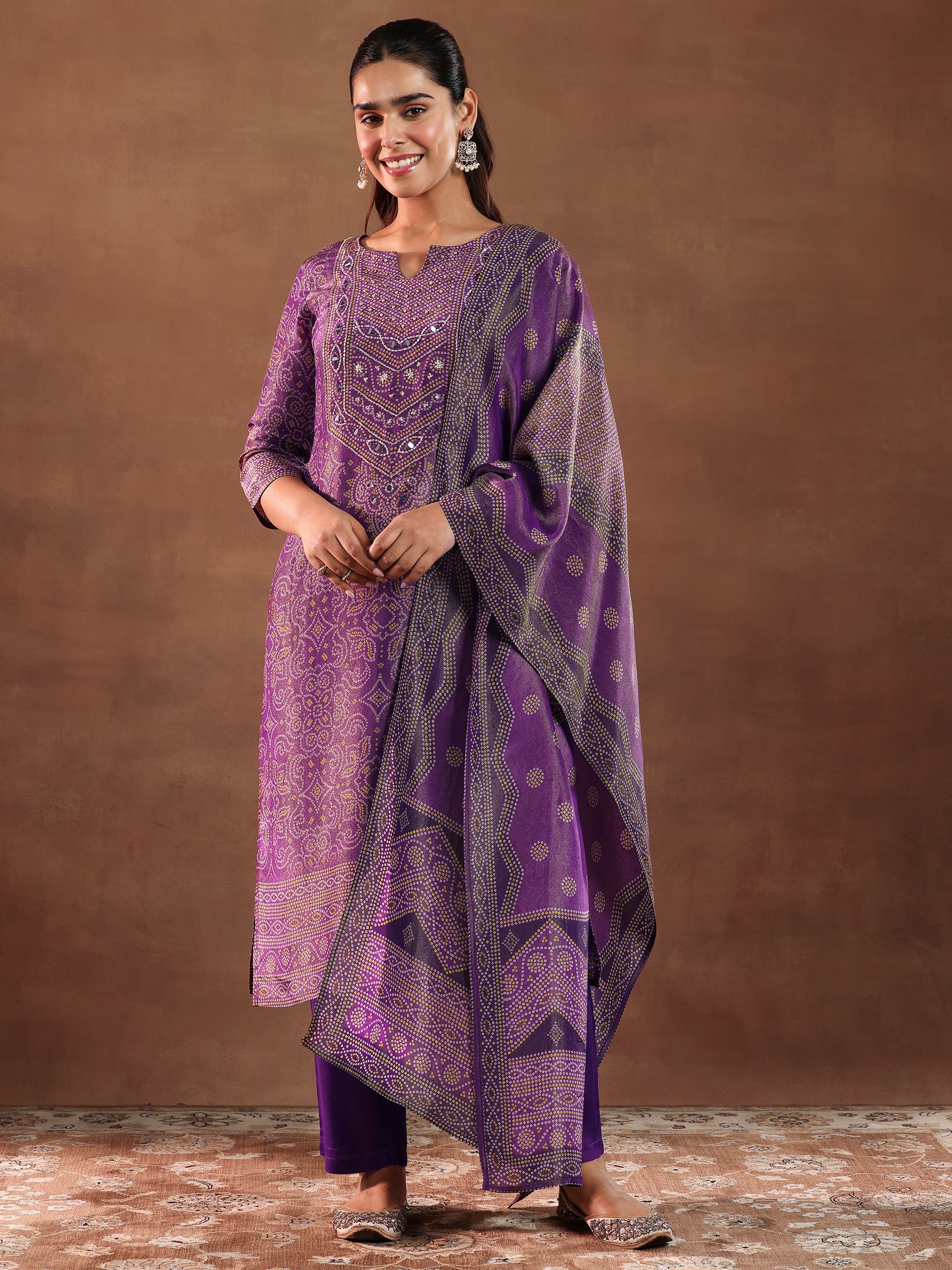 Purple Printed Silk Blend Straight Suit With Dupatta