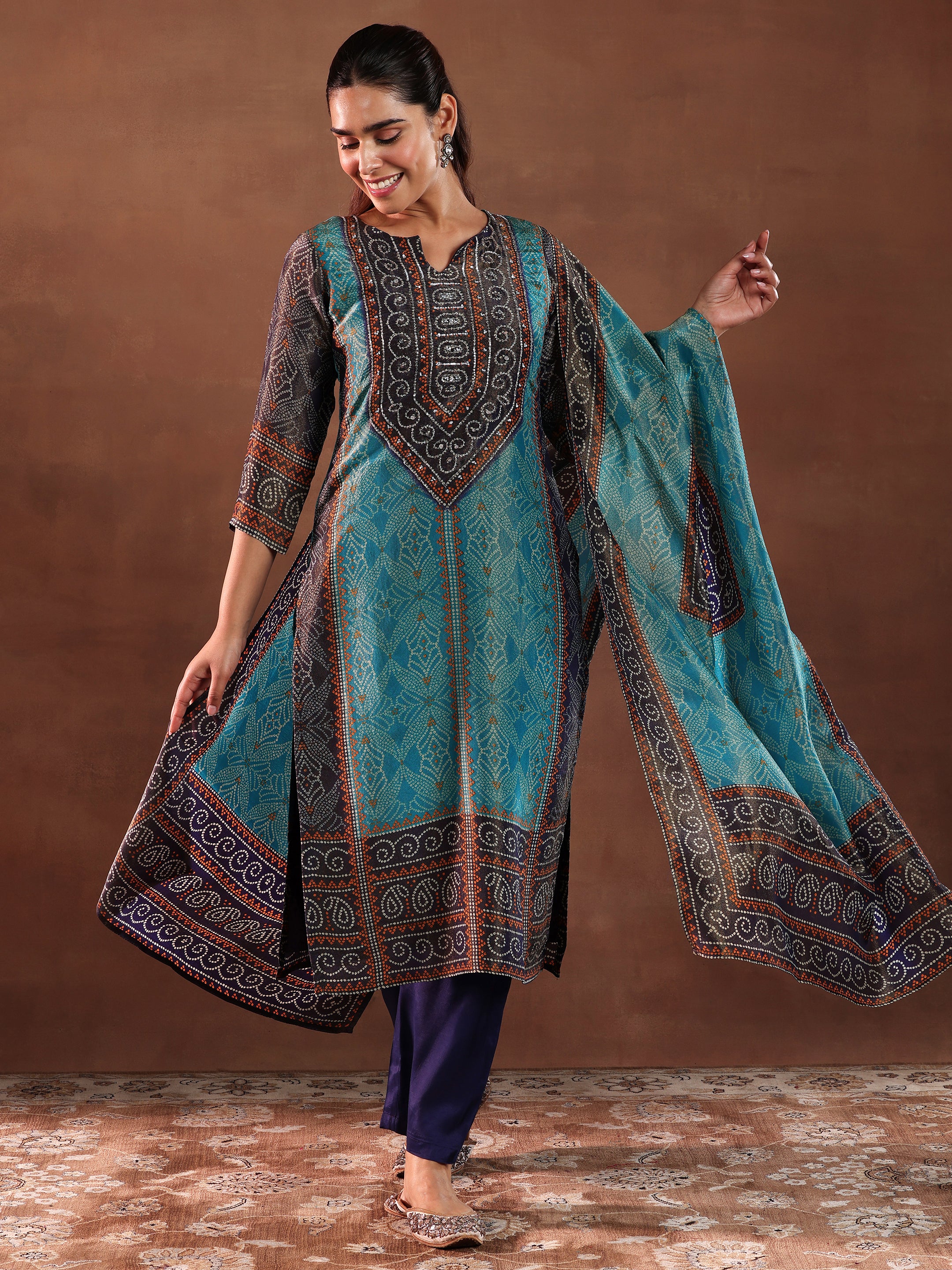 Blue Printed Silk Blend Straight Suit With Dupatta