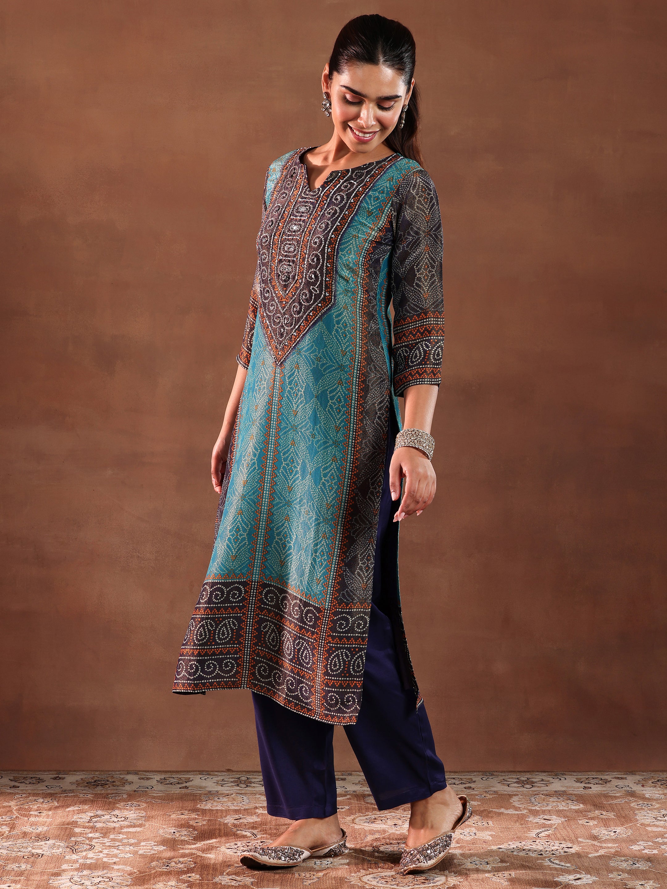 Blue Printed Silk Blend Straight Suit With Dupatta