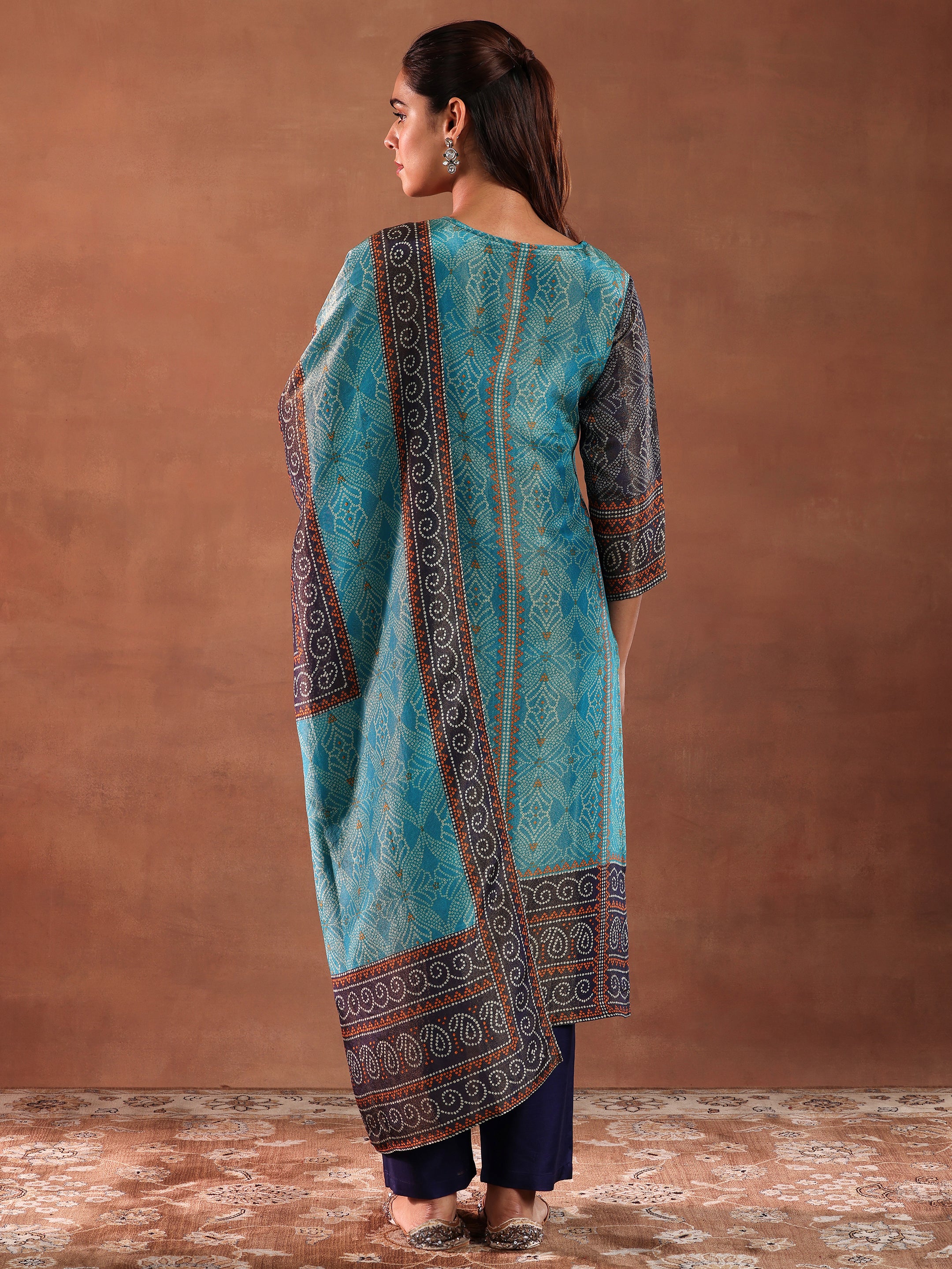 Blue Printed Silk Blend Straight Suit With Dupatta