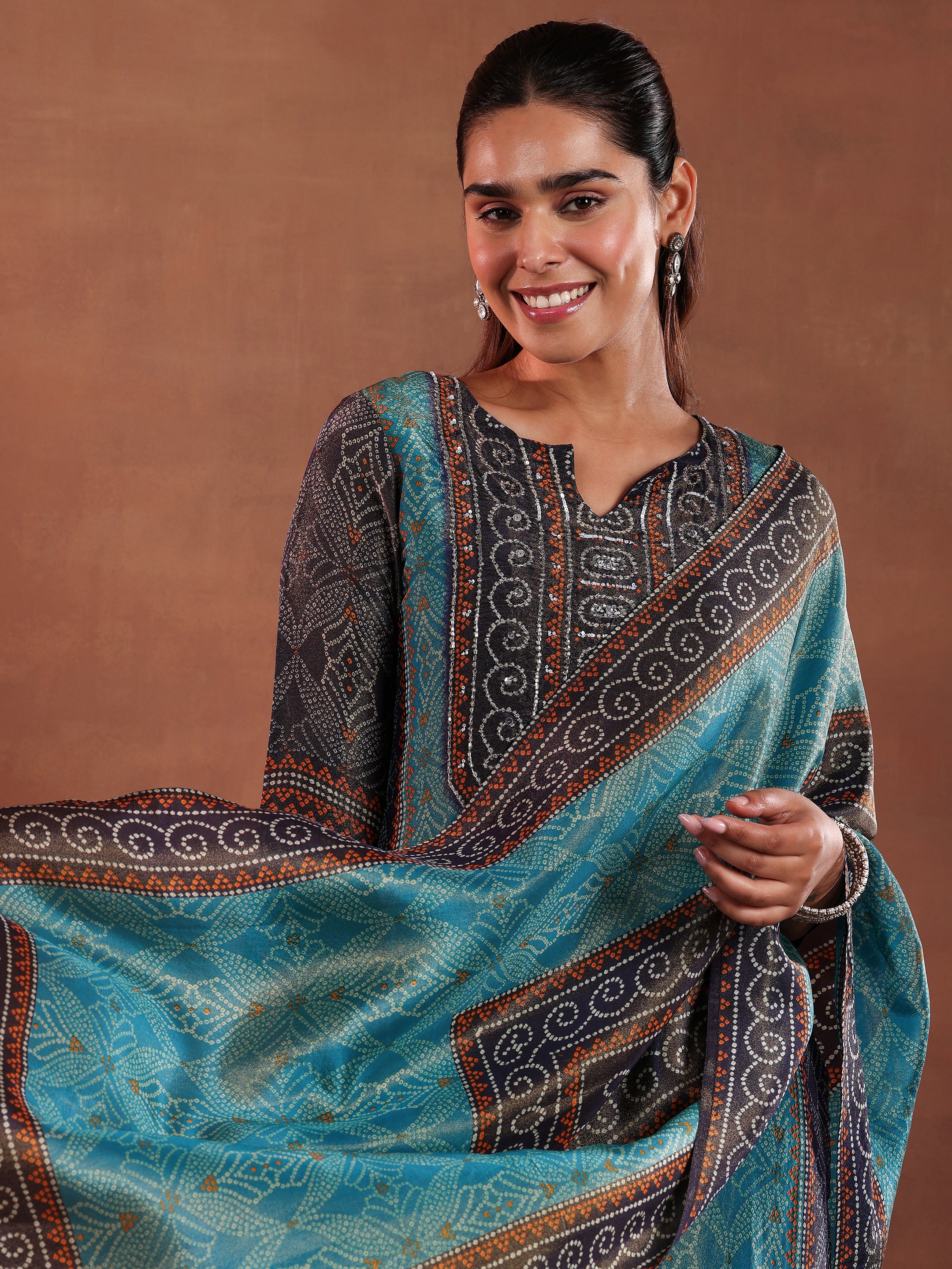 Blue Printed Silk Blend Straight Suit With Dupatta