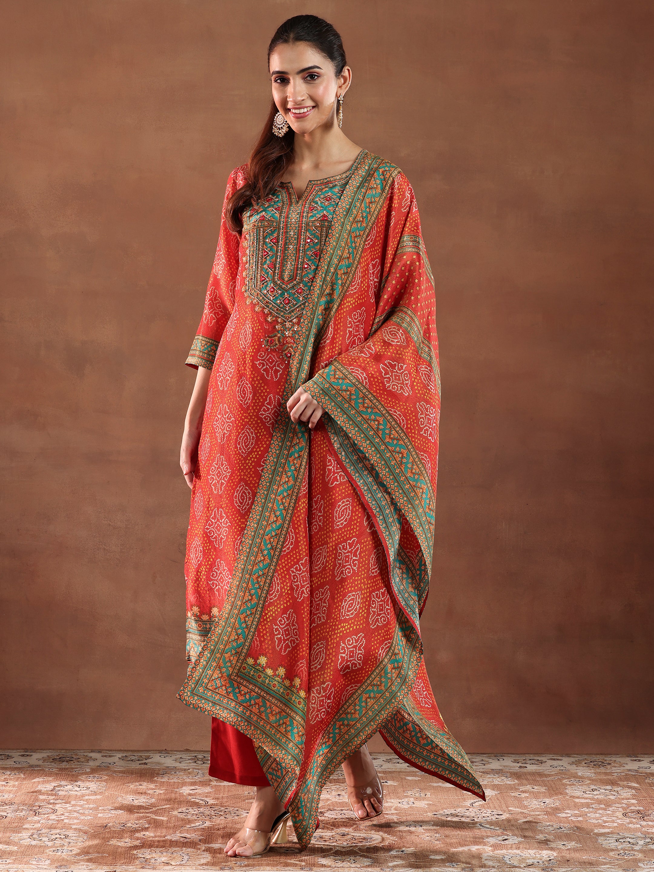 Orange Printed Silk Blend Straight Suit With Dupatta