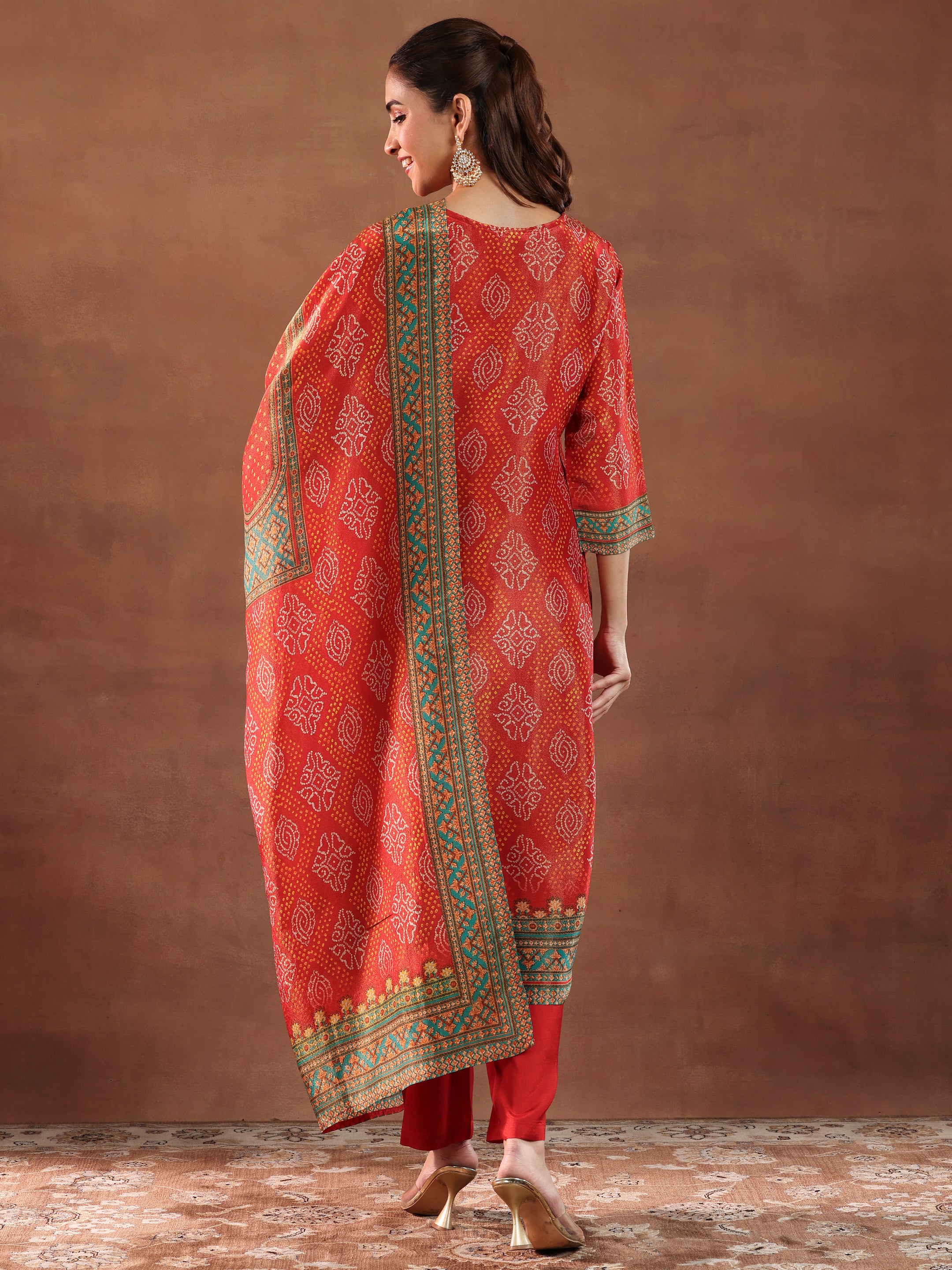 Orange Printed Silk Blend Straight Suit With Dupatta