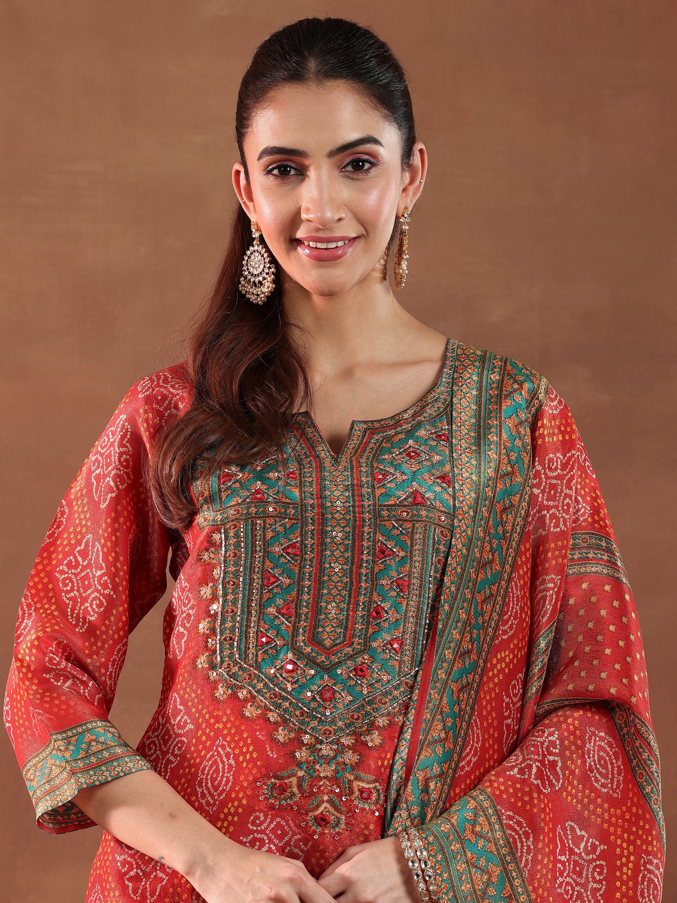 Orange Printed Silk Blend Straight Suit With Dupatta