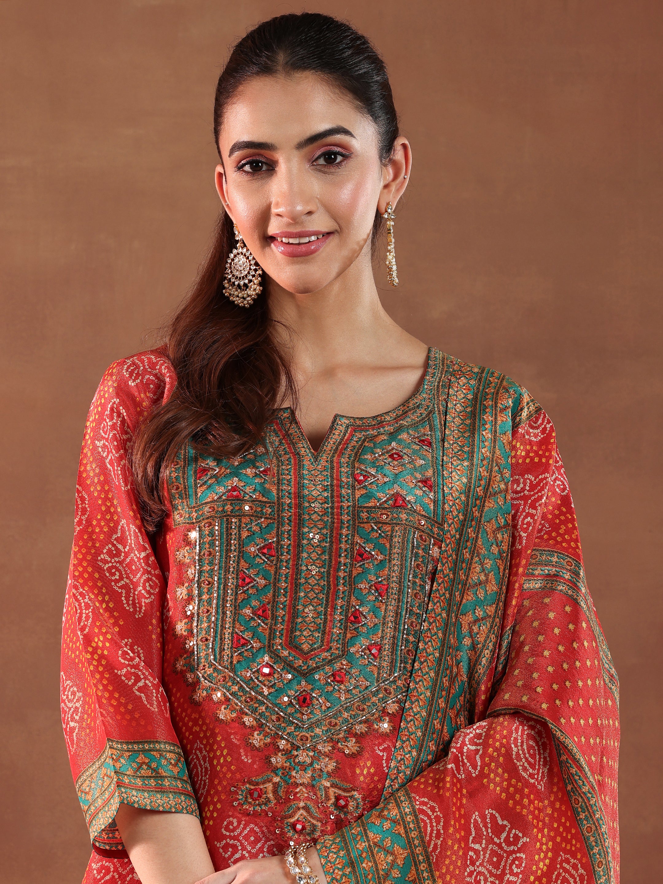 Orange Printed Silk Blend Straight Suit With Dupatta