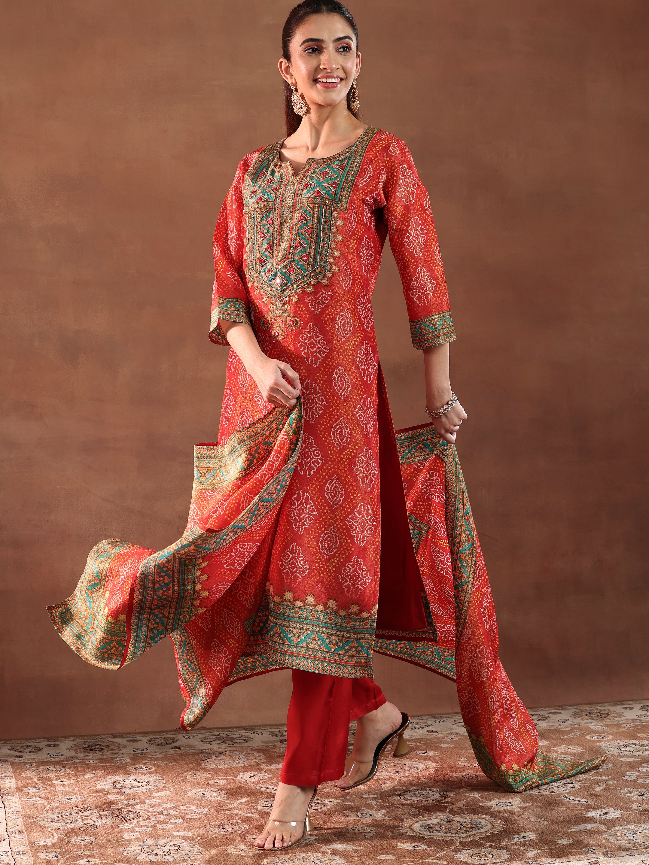 Orange Printed Silk Blend Straight Suit With Dupatta