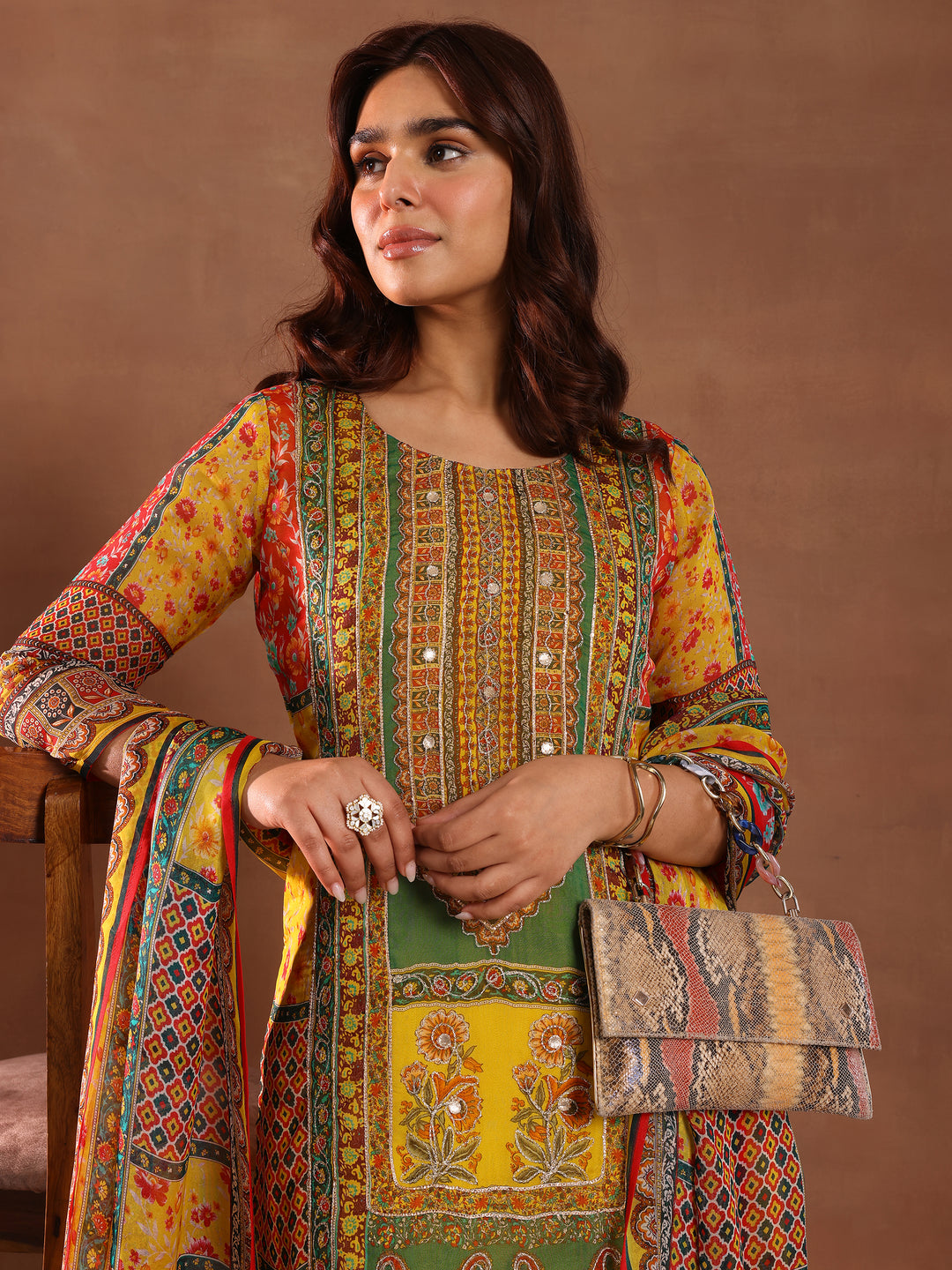 Mutli Printed Organza Straight Suit With Dupatta