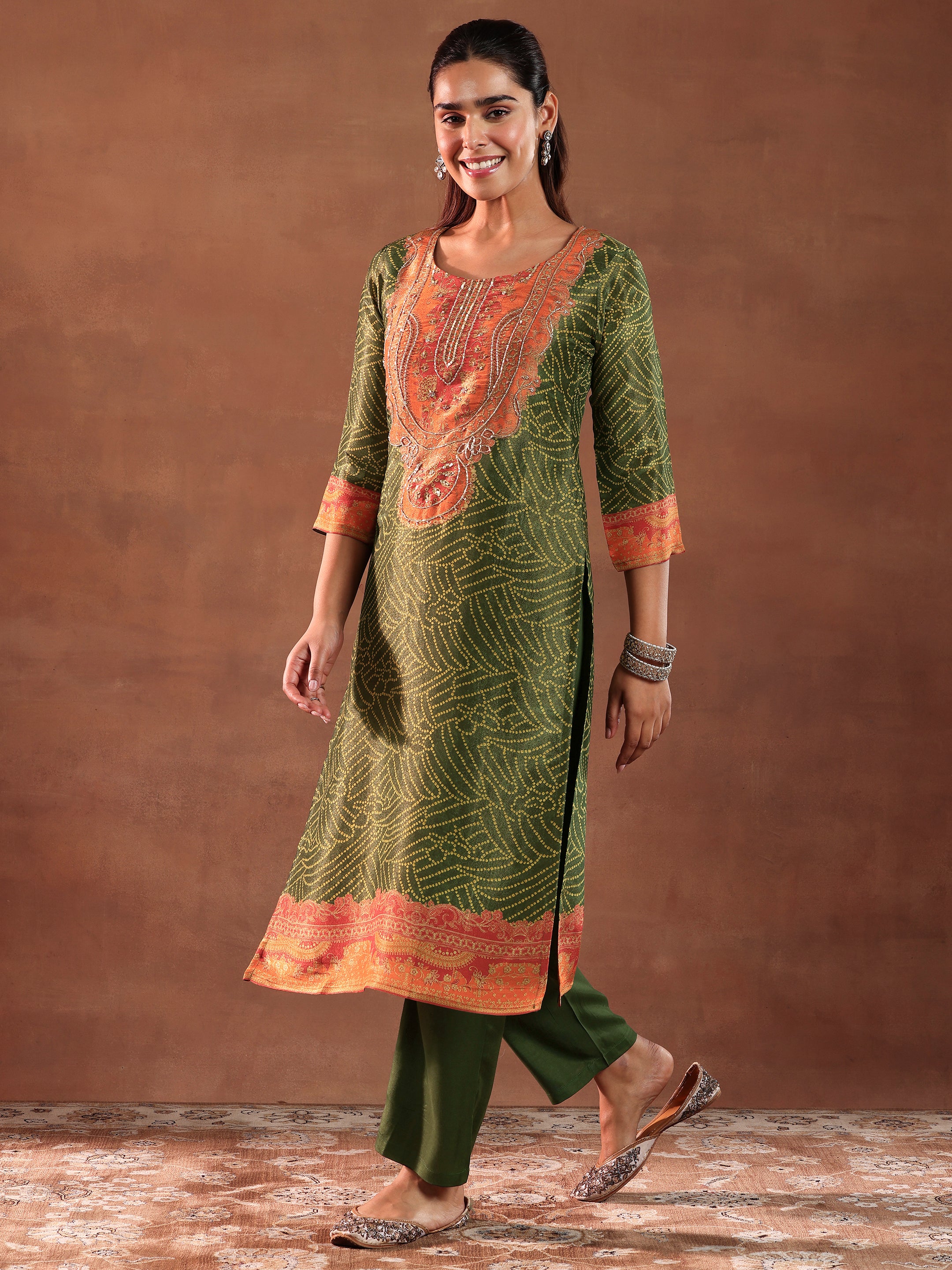 Green Printed Silk Blend Straight Suit With Dupatta