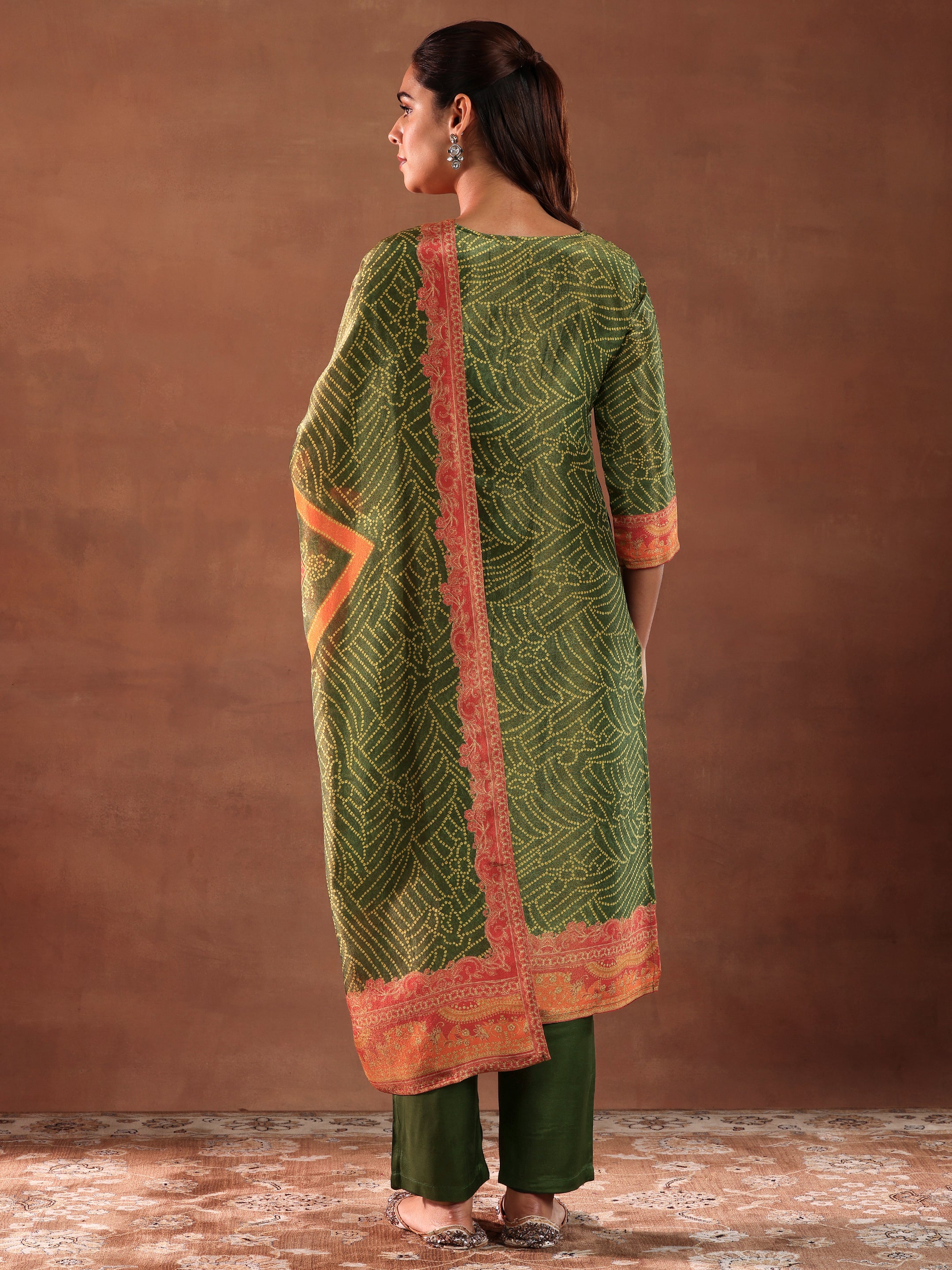 Green Printed Silk Blend Straight Suit With Dupatta