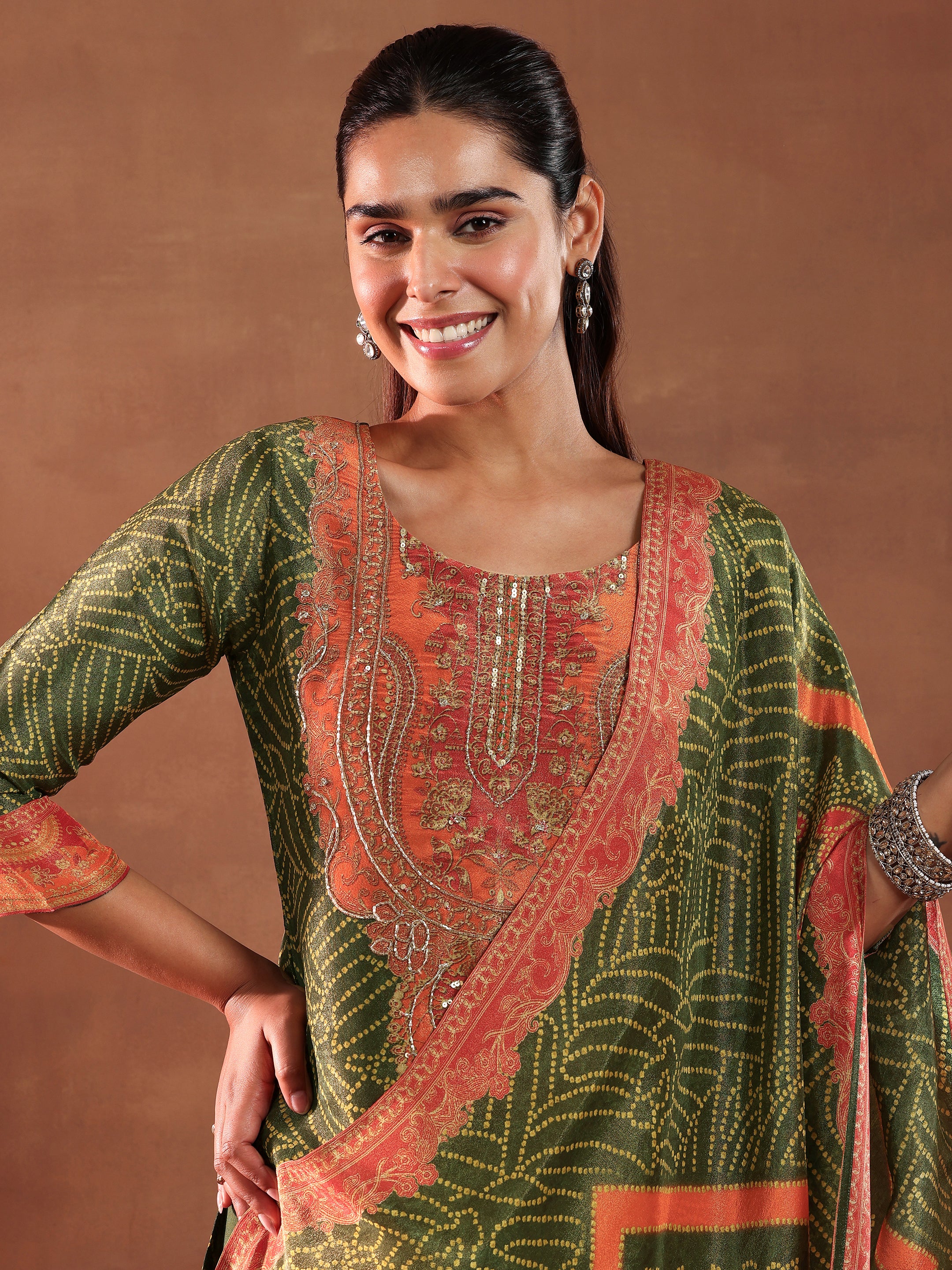 Green Printed Silk Blend Straight Suit With Dupatta