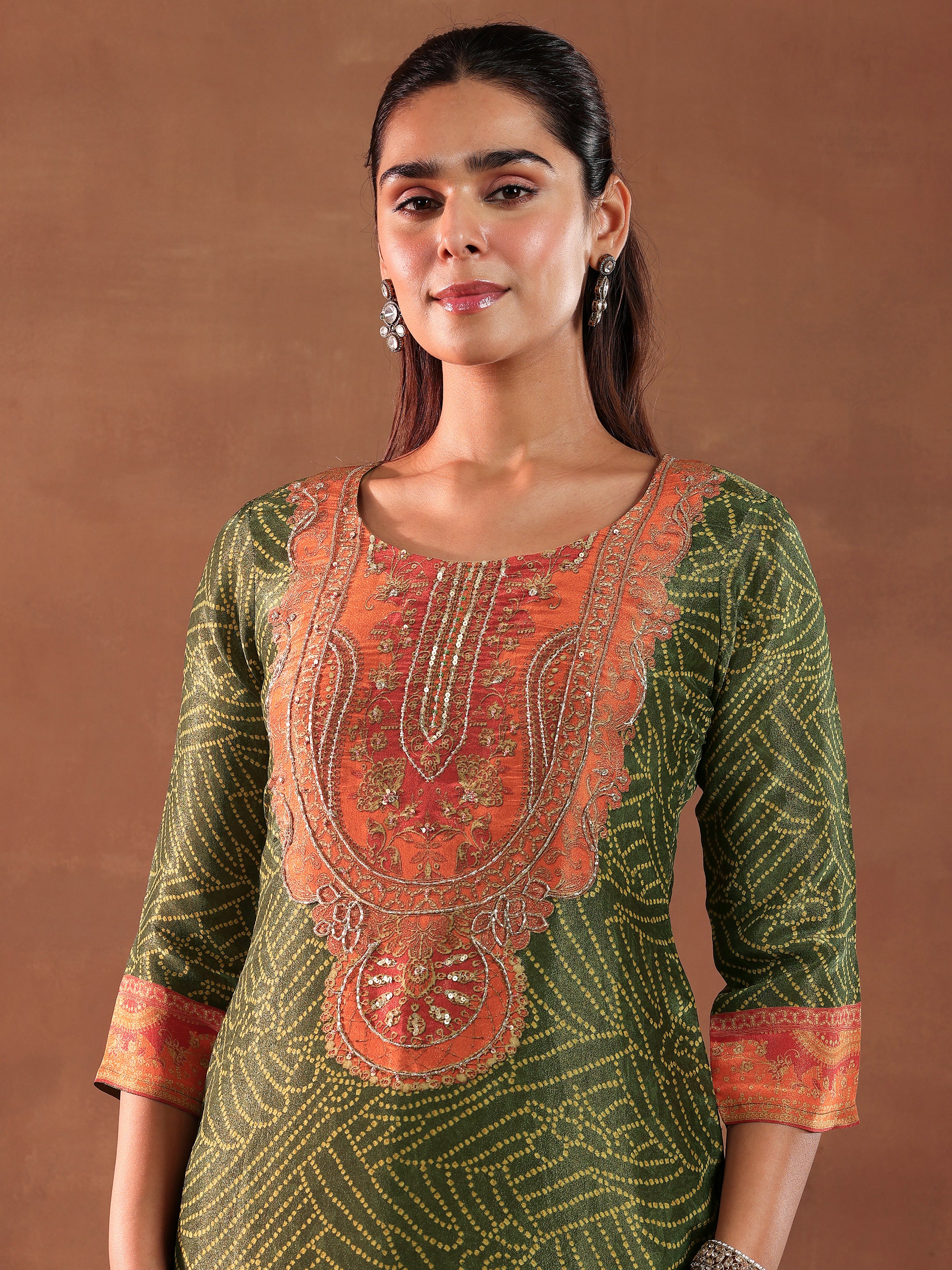 Green Printed Silk Blend Straight Suit With Dupatta