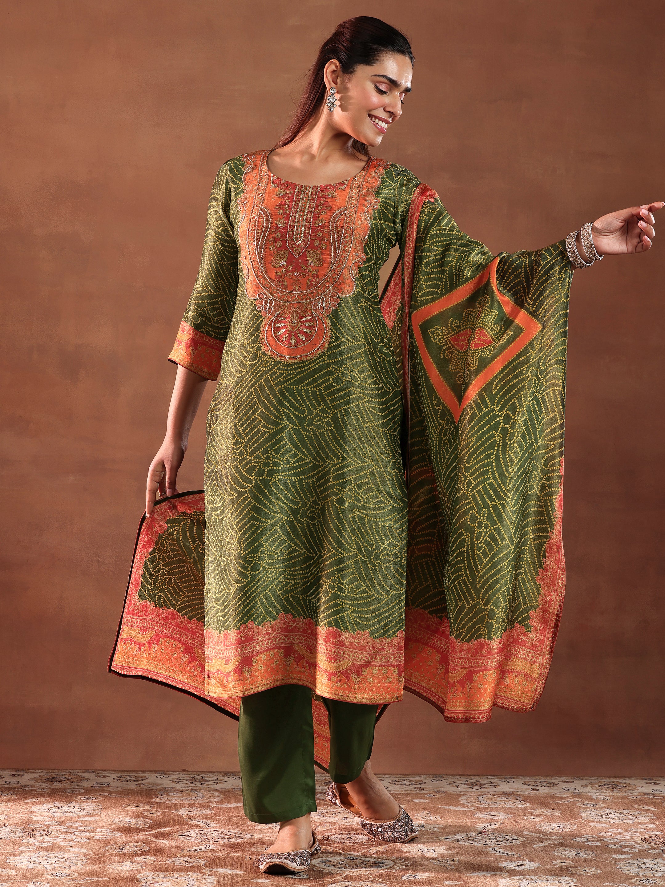 Green Printed Silk Blend Straight Suit With Dupatta