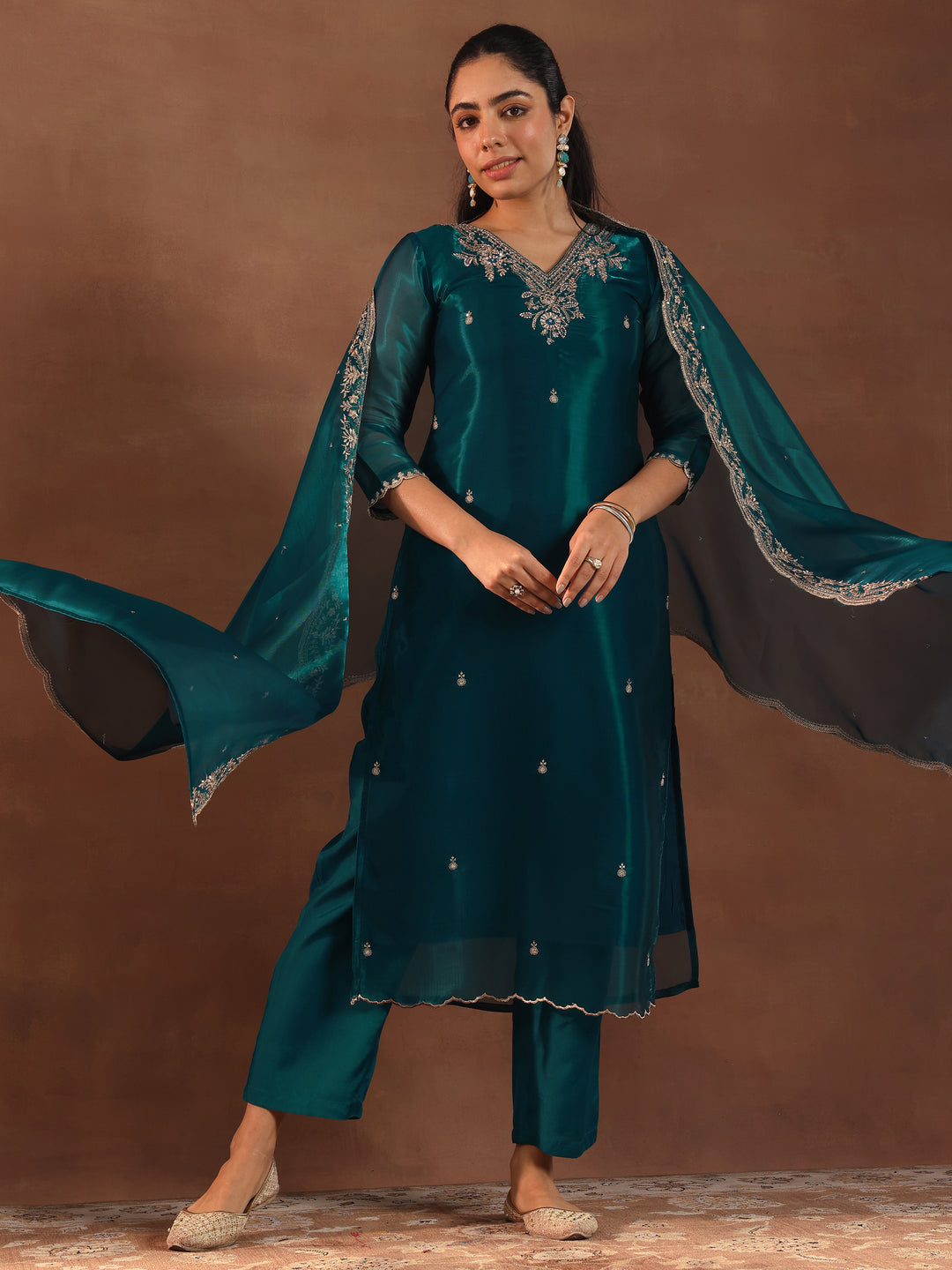 Teal Yoke Design Tissue Straight Suit With Dupatta