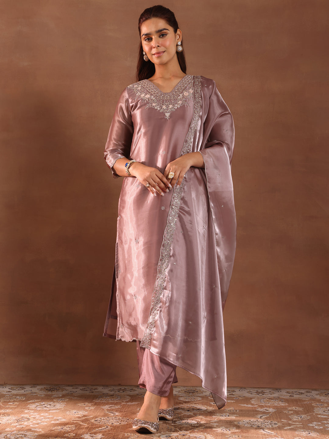 Mauve Yoke Design Tissue Straight Suit With Dupatta